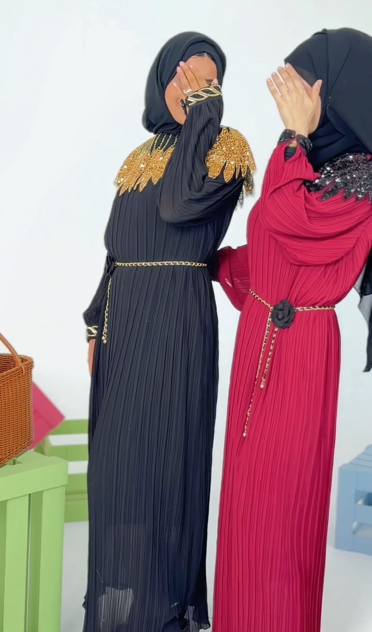 Maroon pleated dress with black beads