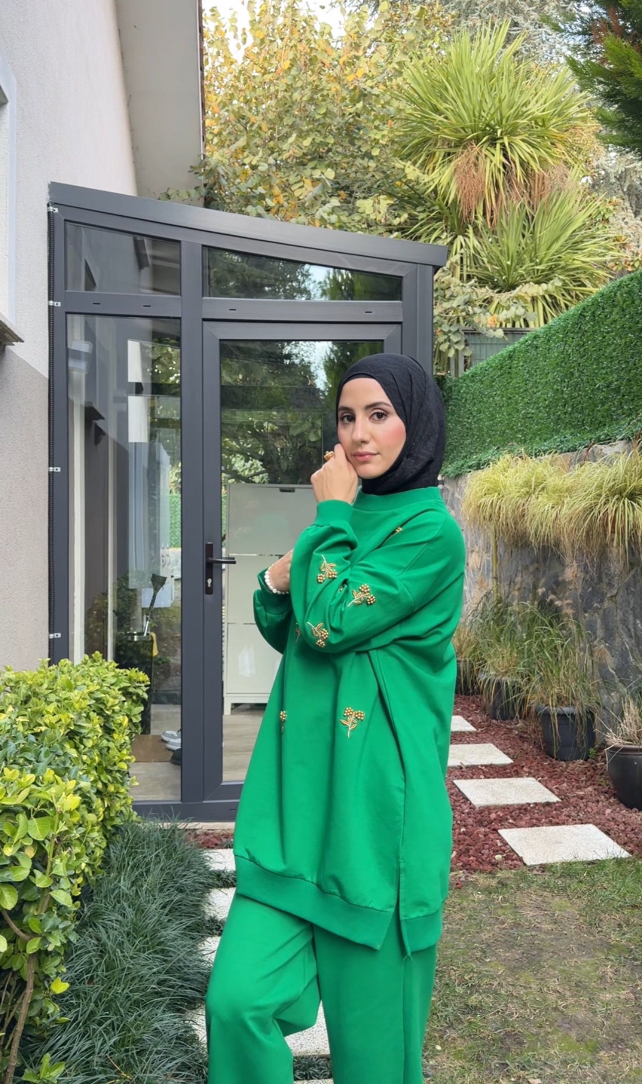 Dark Green tracksuit set with golden beadwork