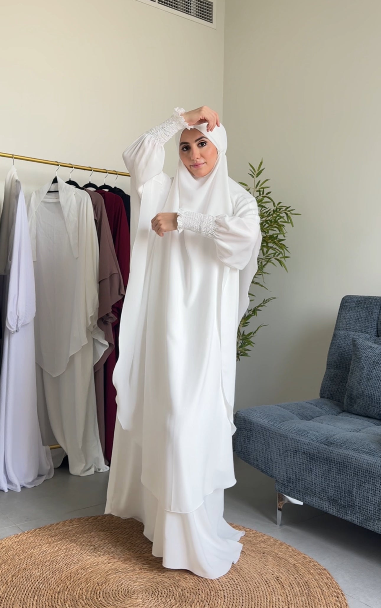Two Piece White Khimar, with long scarf and long sleeve inner