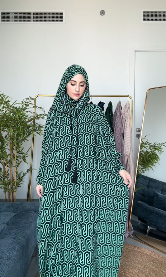 Green with black geometric lines burqa