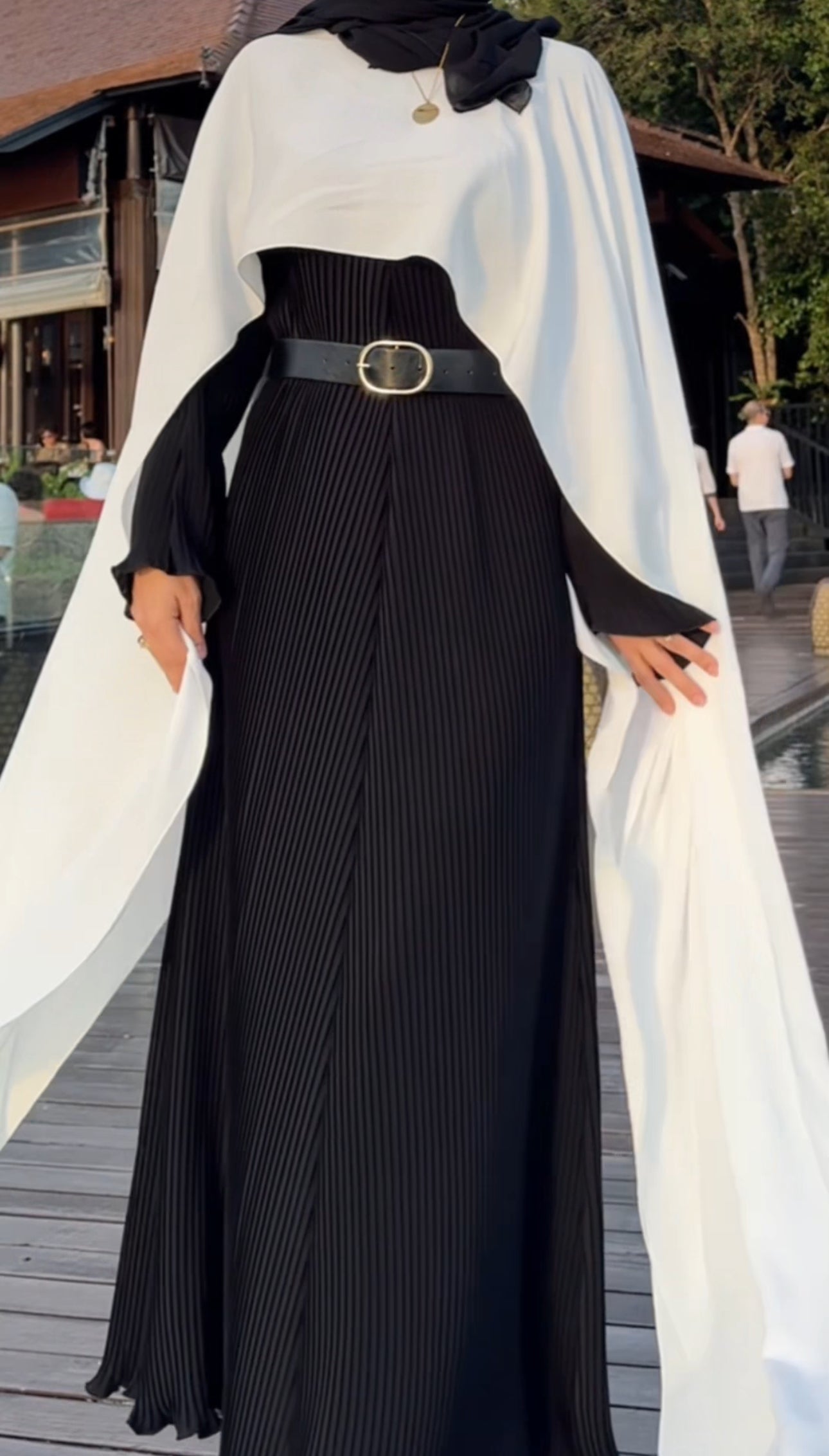 Black pleat Abayah with white shoulders