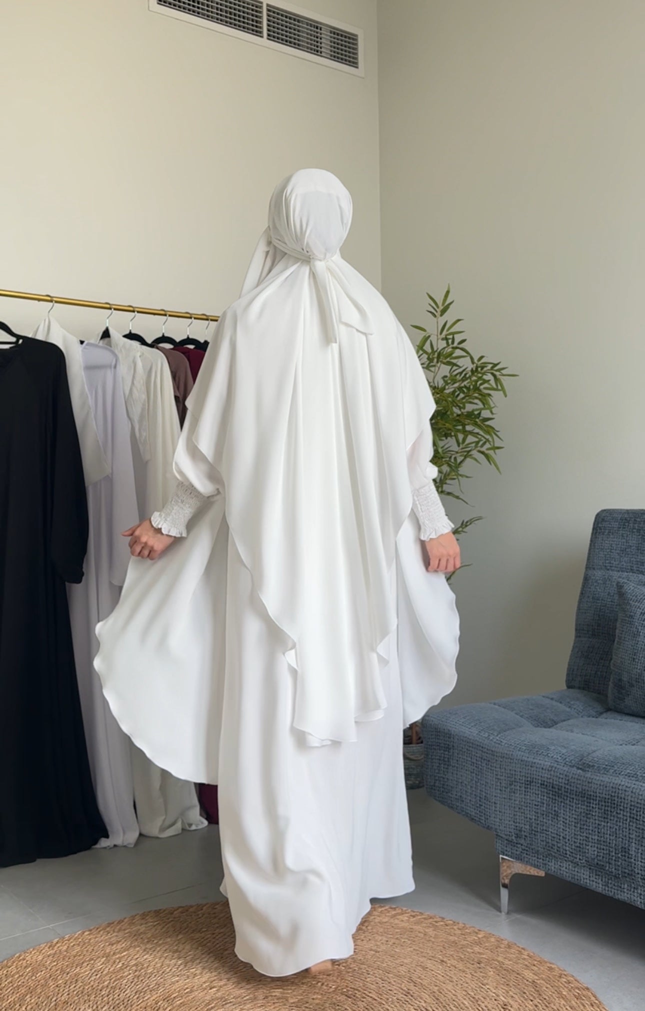 Two Piece White Khimar, with long scarf and long sleeve inner