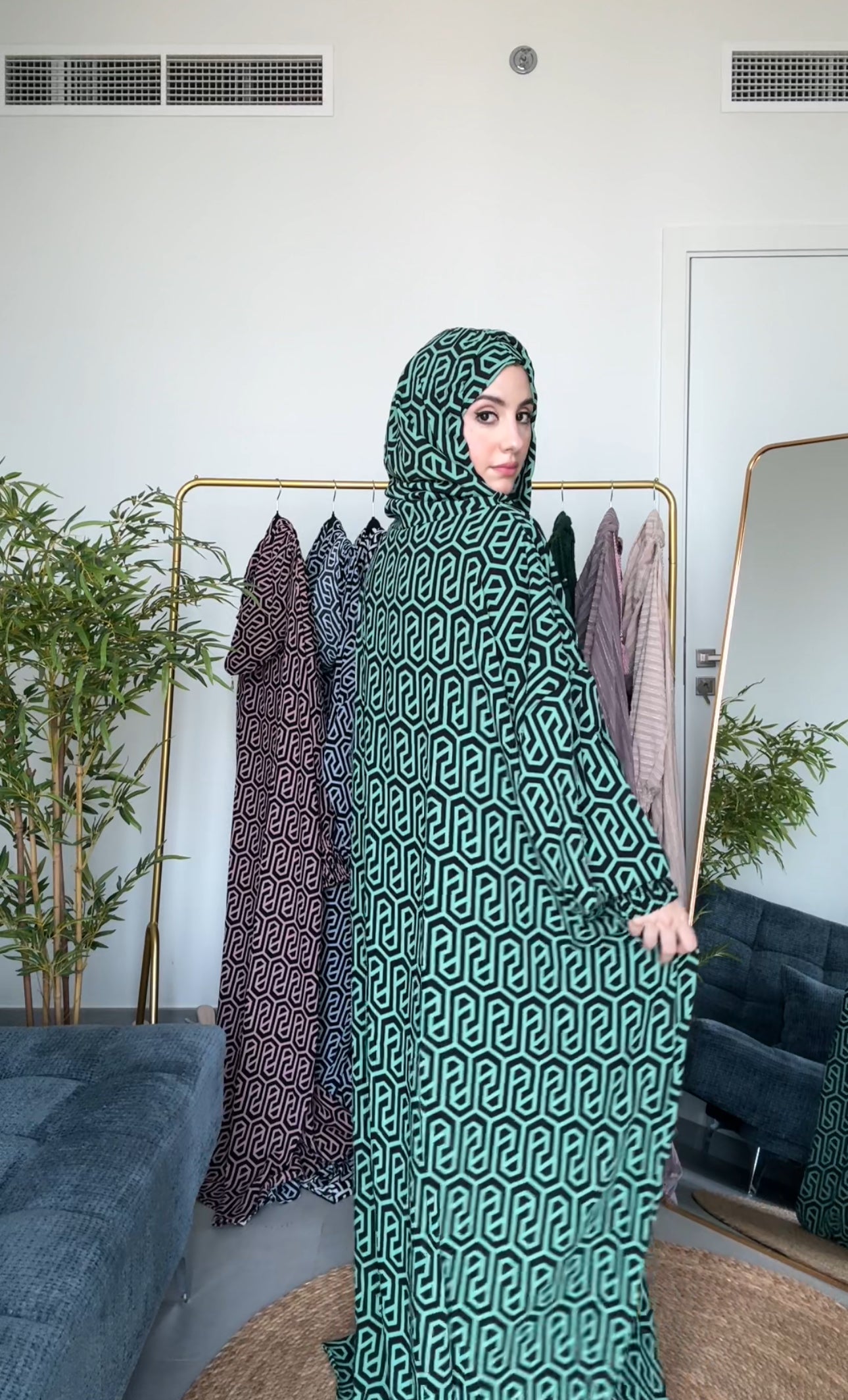 Green with black geometric lines burqa