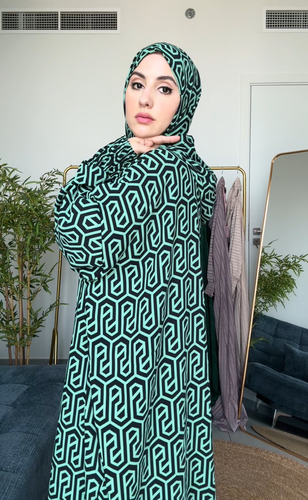 Green with black geometric lines burqa