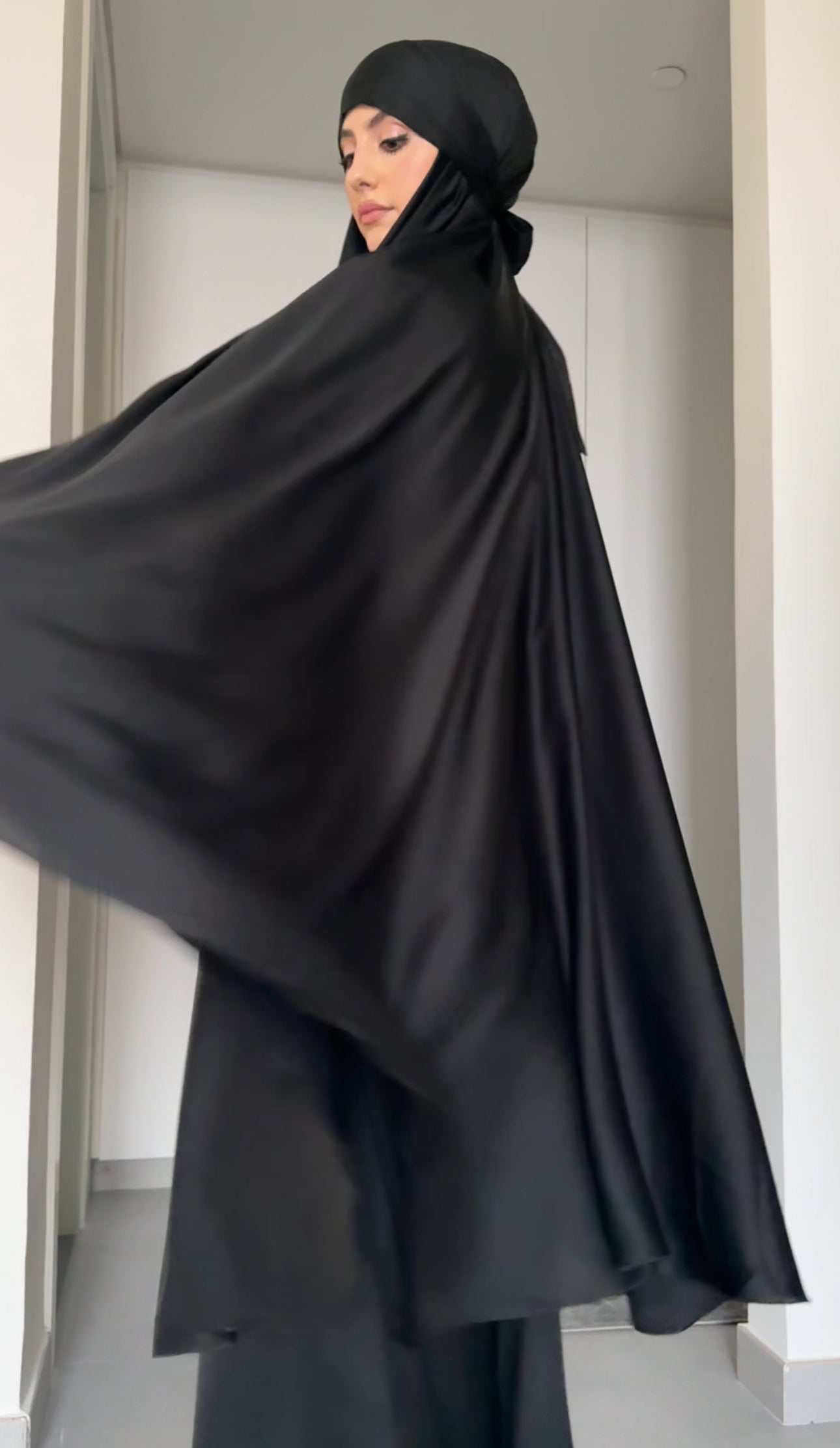 Two Piece Black Khimar, with long scarf and short sleeve inner