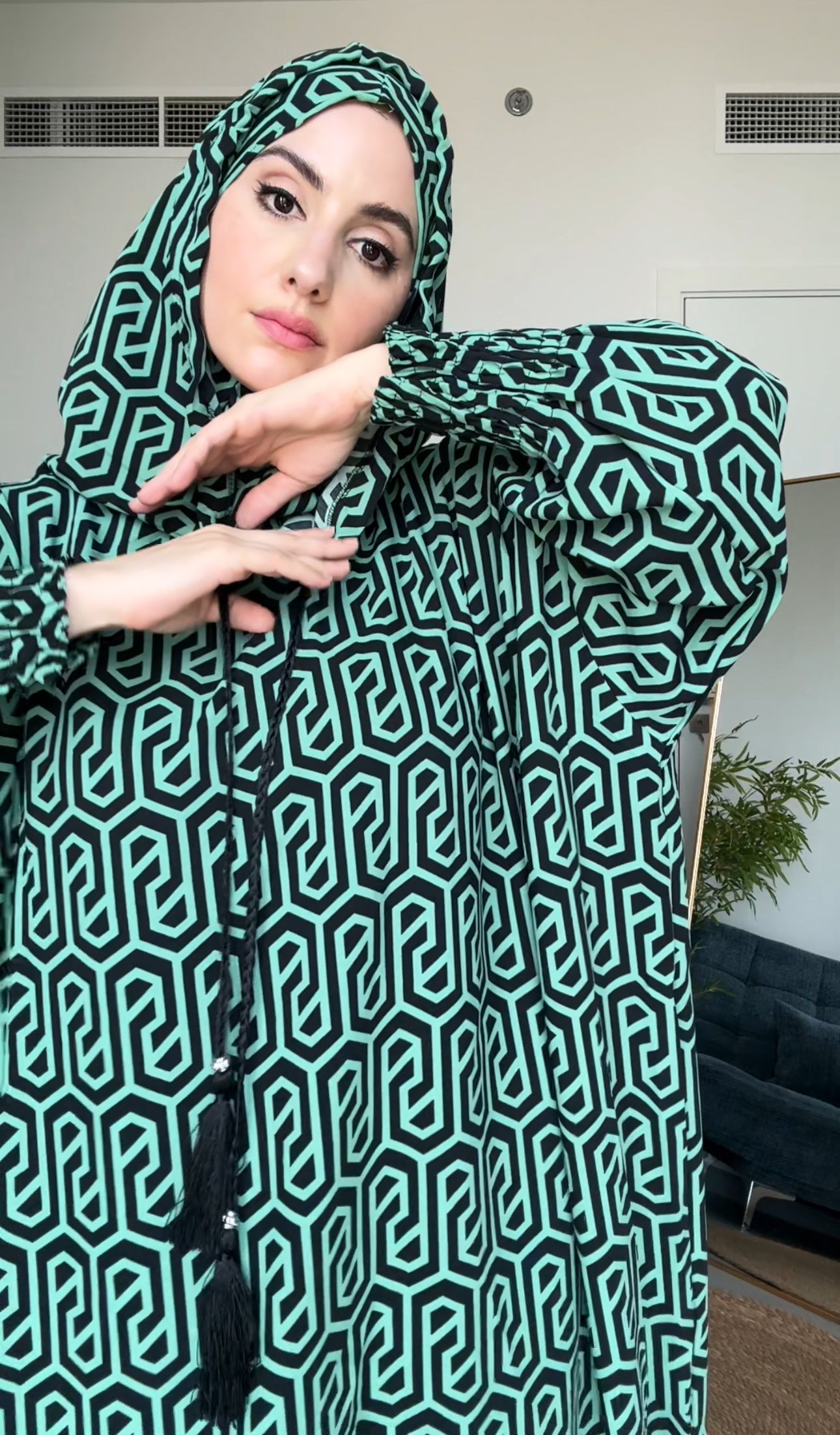 Green with black geometric lines burqa