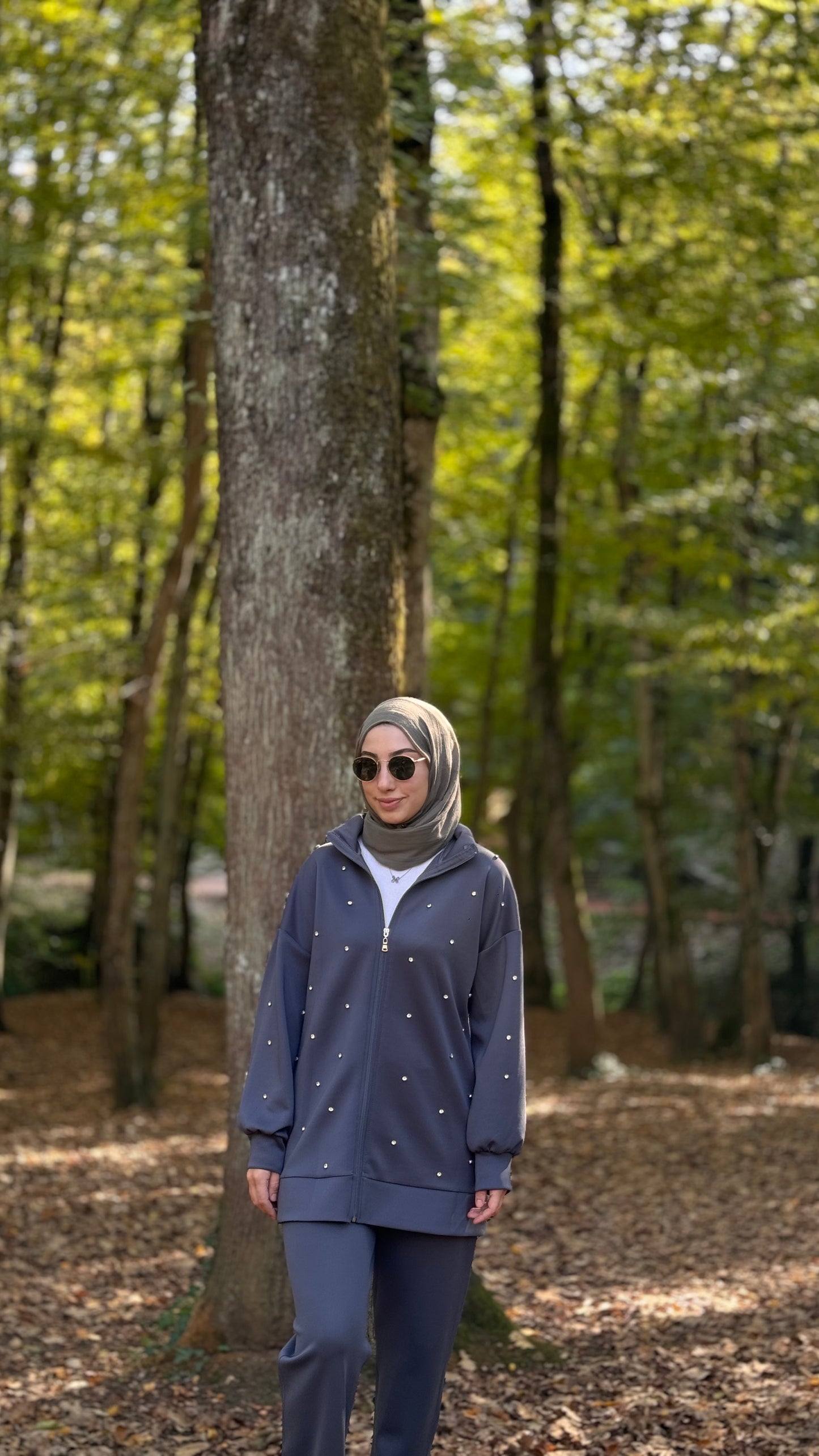 The Dilara Set- Gray Scuba tracksuit set with pearls and zipper in the front