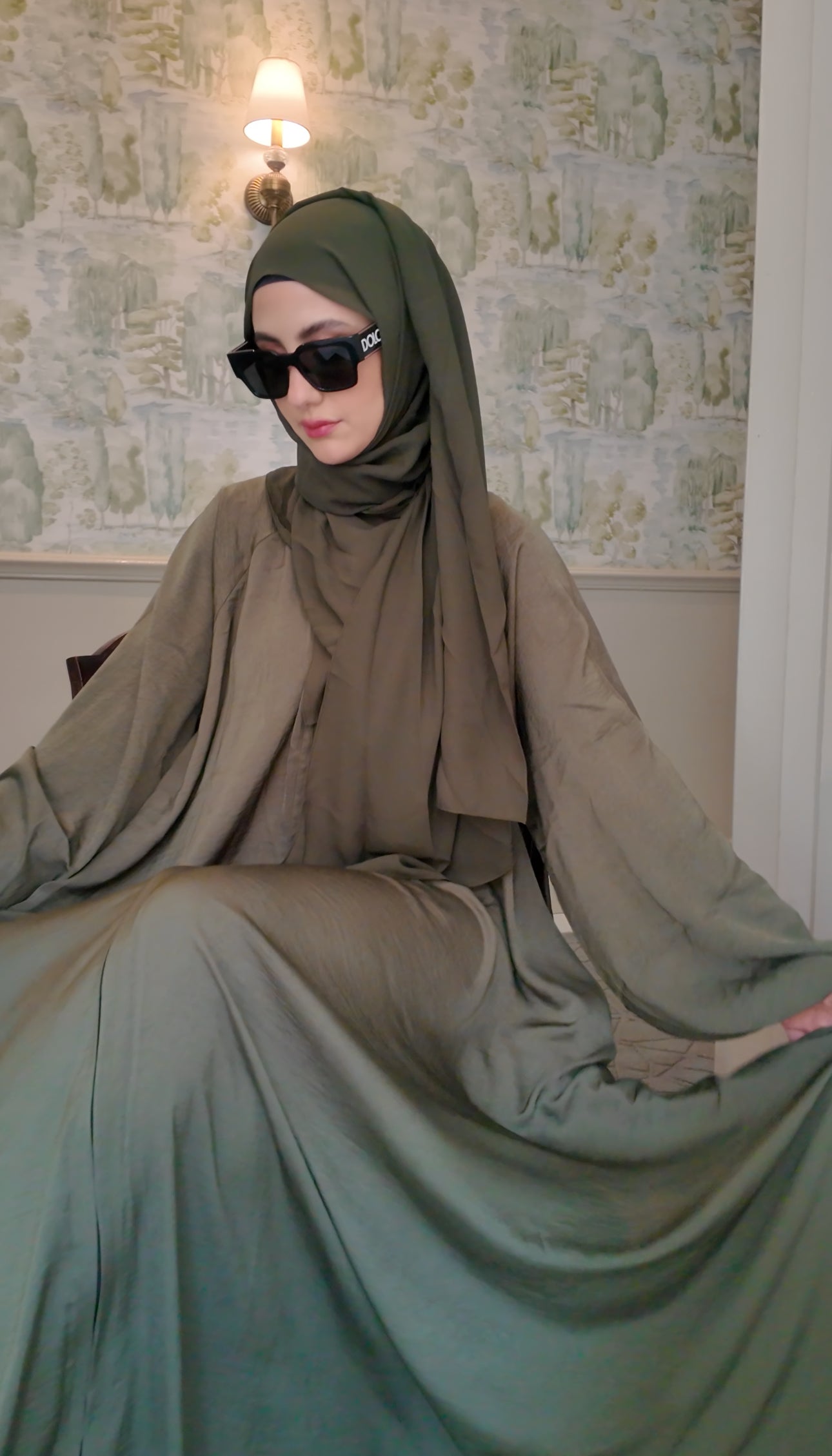 Army green flow abayah with attached hijab