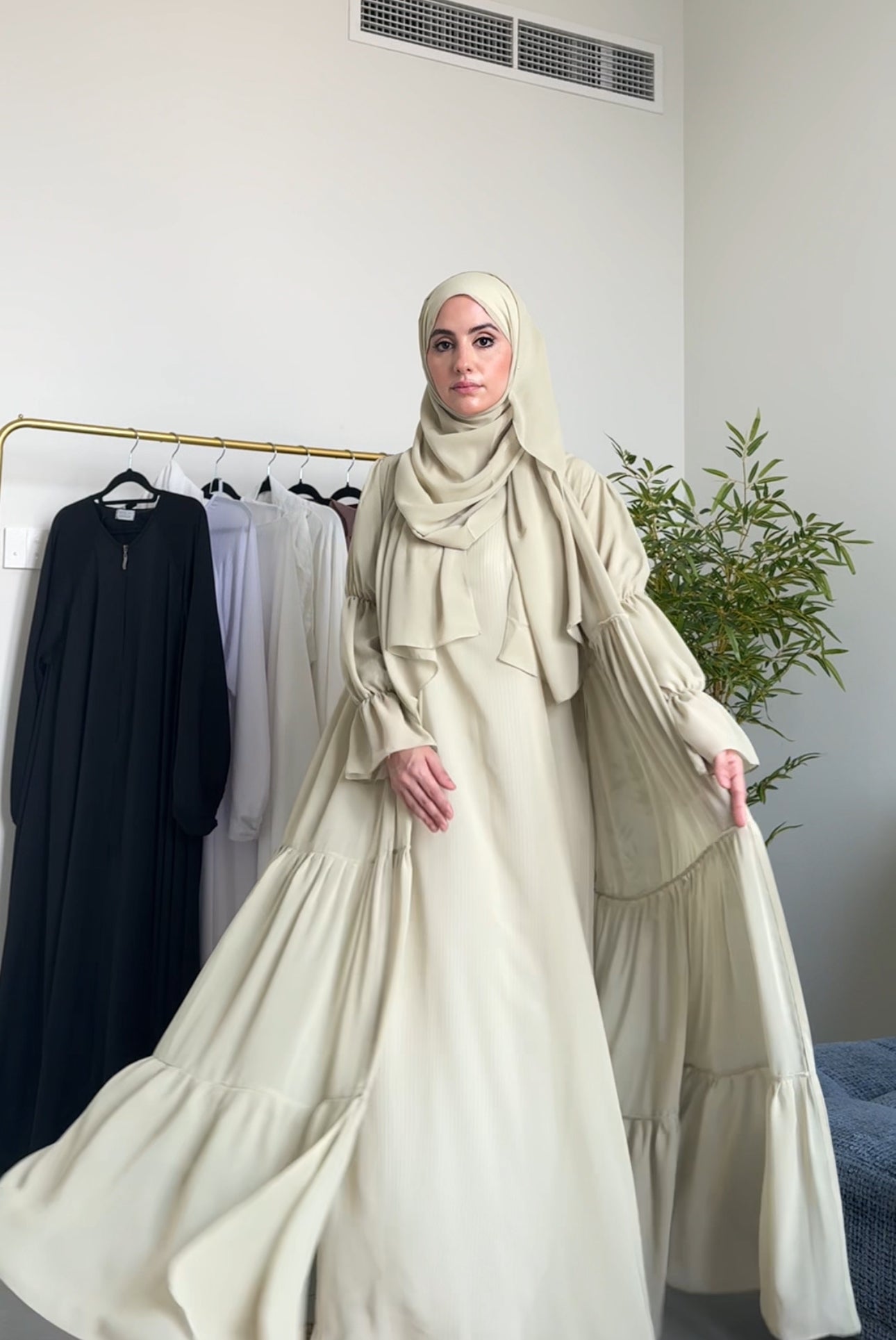 Two Piece Pista Green Pleated Chiffon Abayah