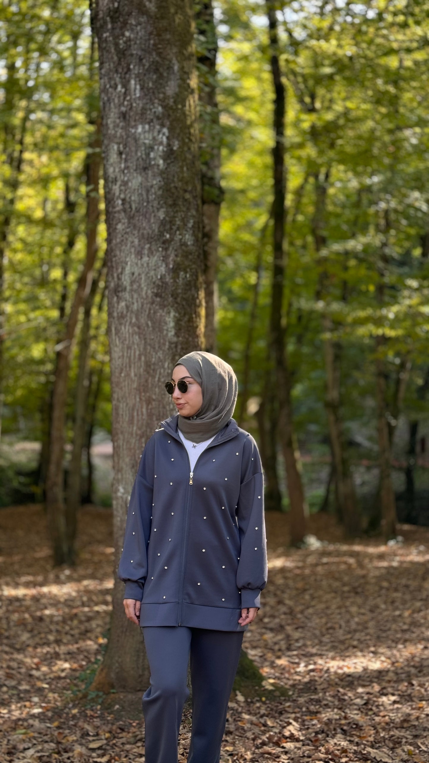 The Dilara Set- Gray Scuba tracksuit set with pearls and zipper in the front
