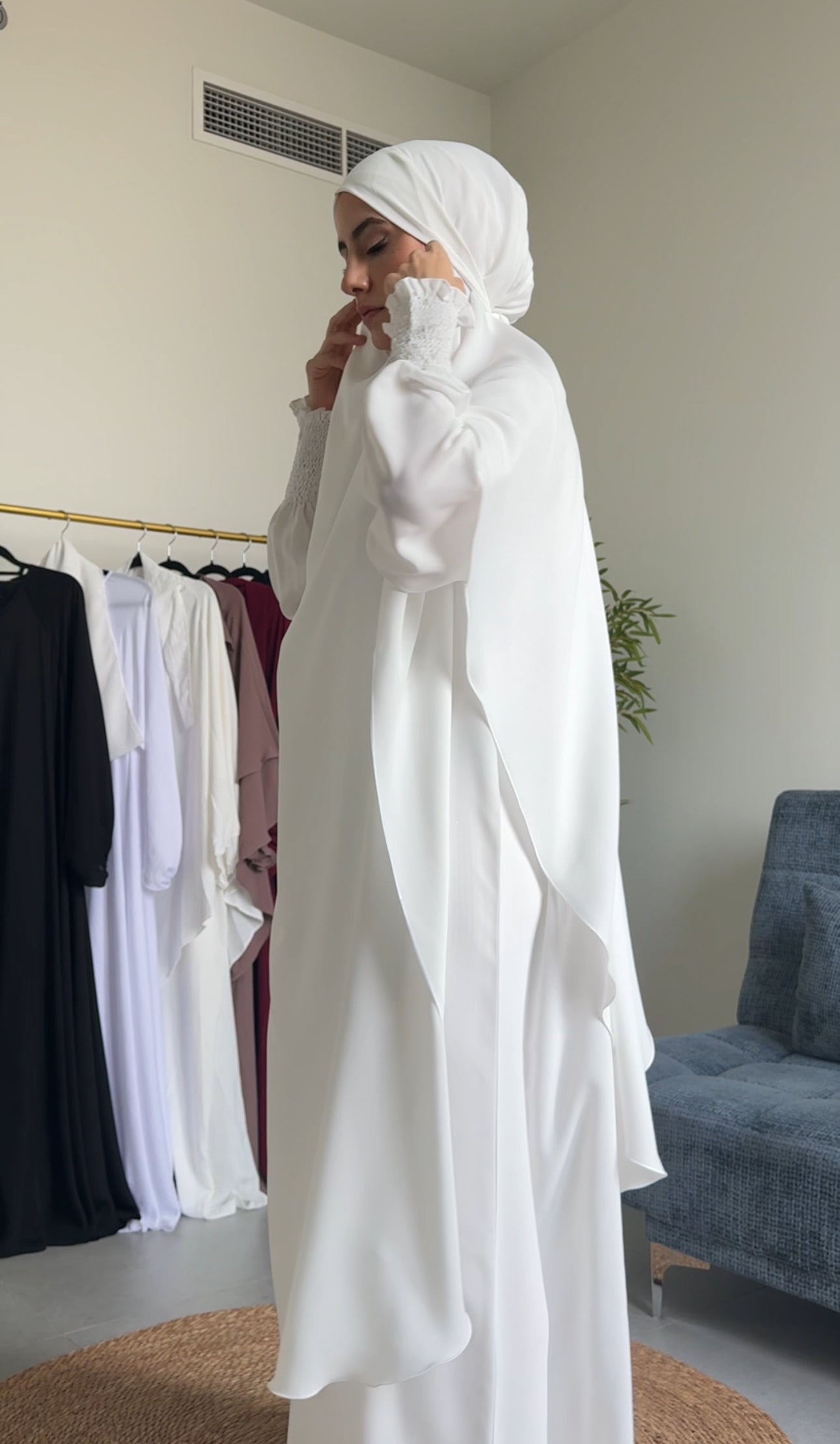 Two Piece White Khimar, with long scarf and long sleeve inner