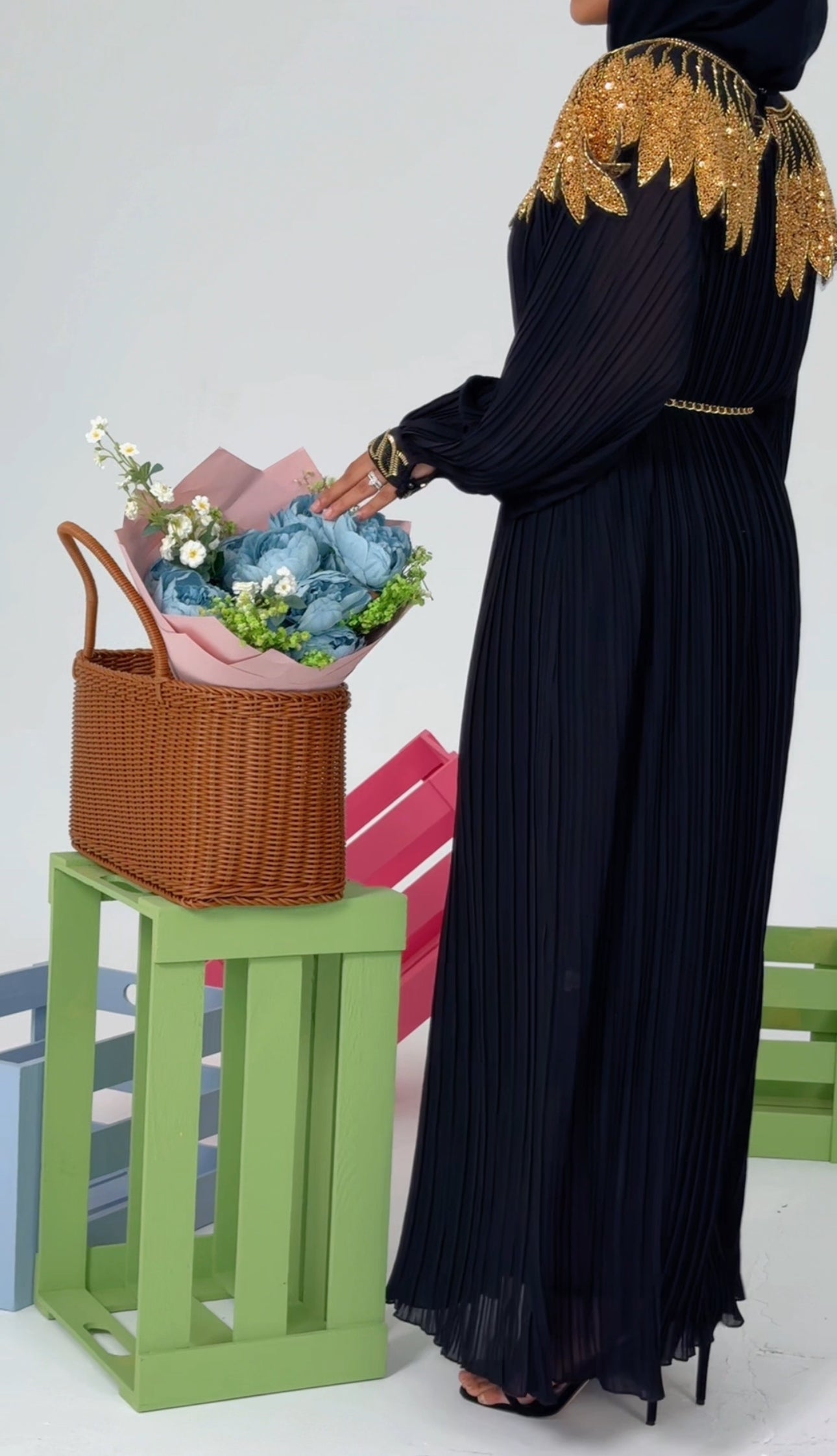 Black pleated dress with gold beads
