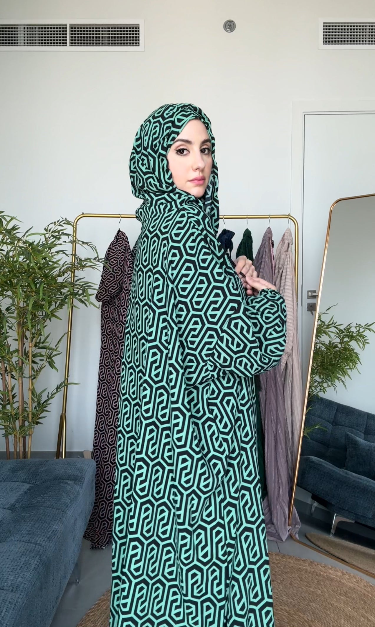 Green with black geometric lines burqa