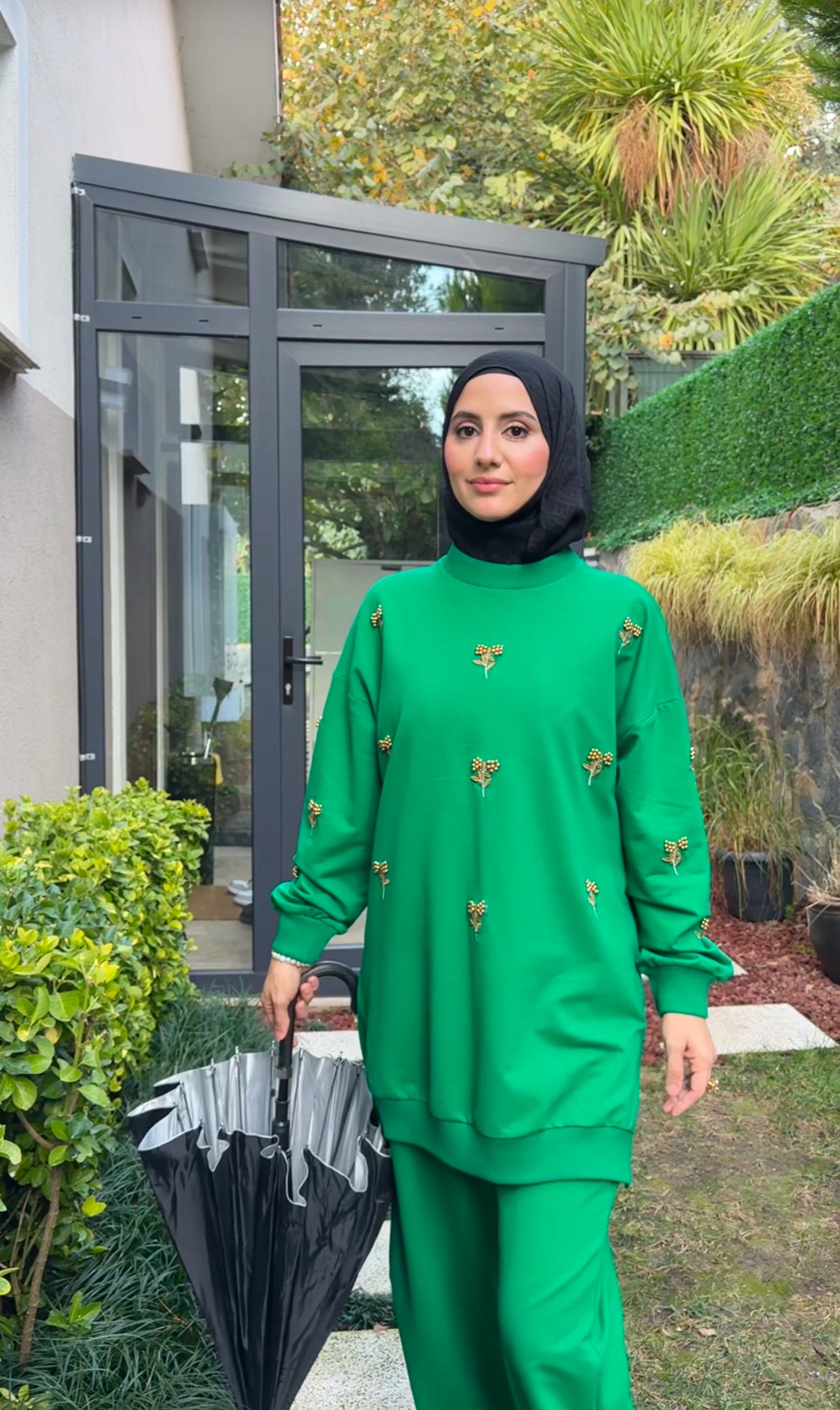 Dark Green tracksuit set with golden beadwork