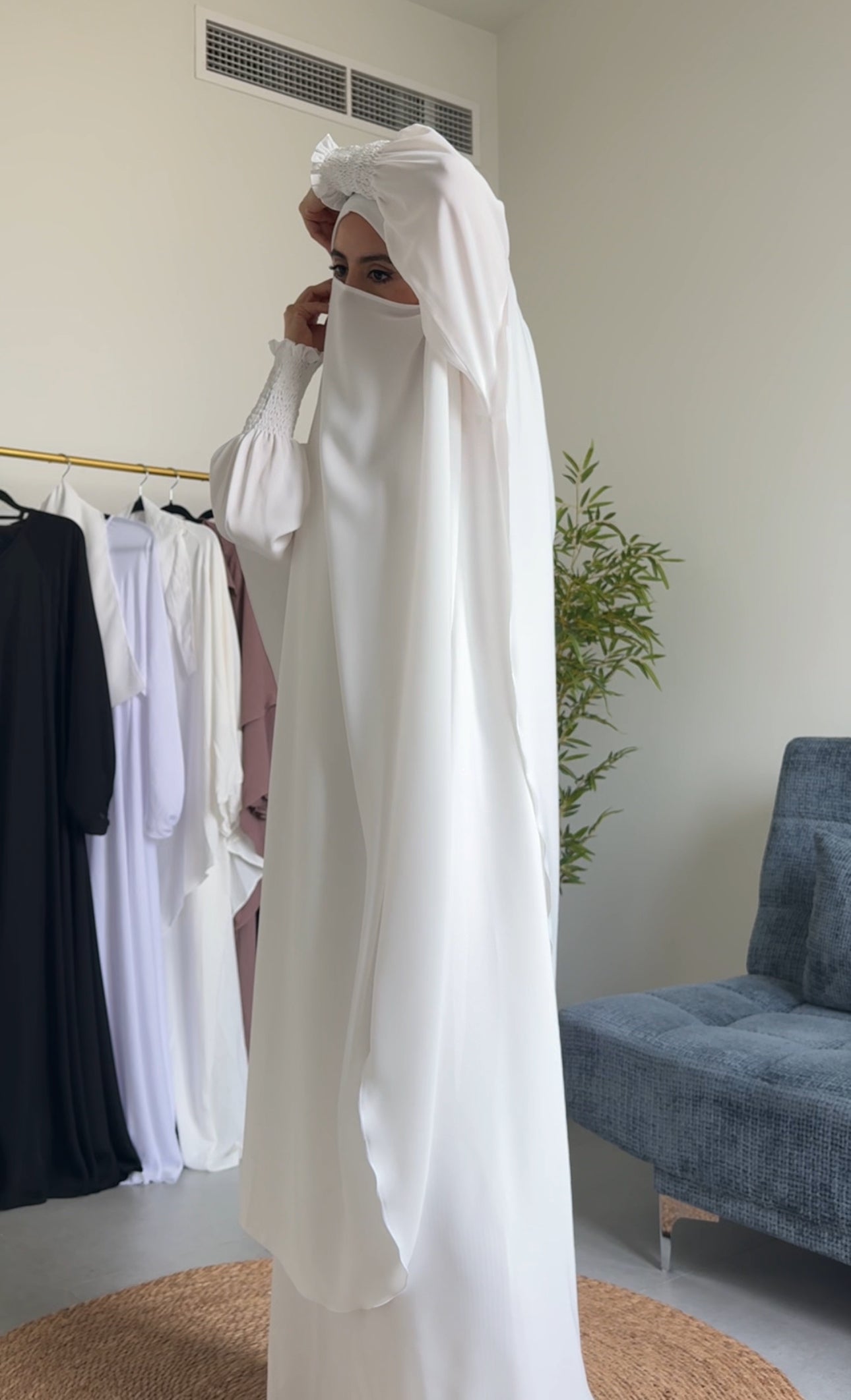 Two Piece White Khimar, with long scarf and long sleeve inner