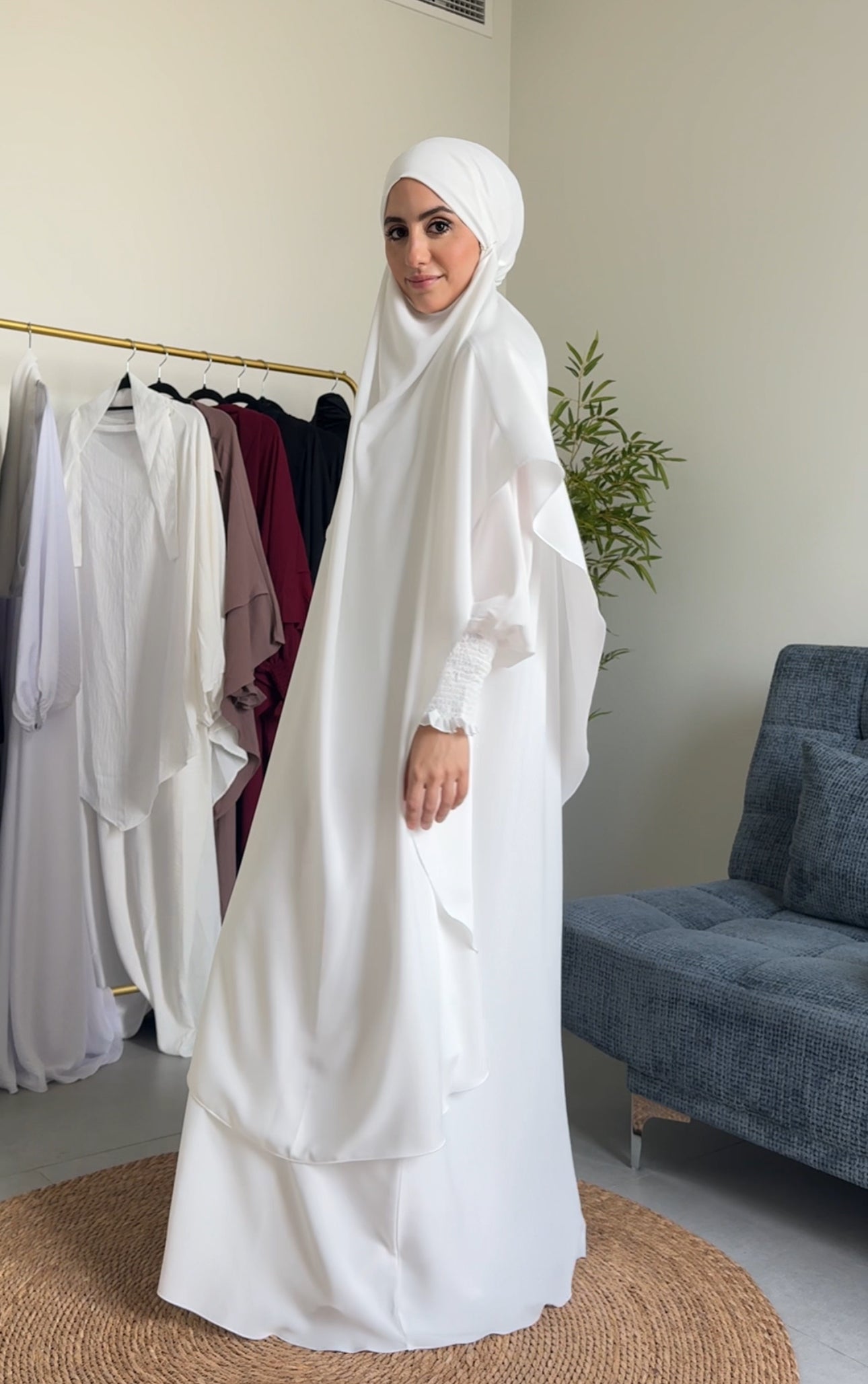 Two Piece White Khimar, with long scarf and long sleeve inner