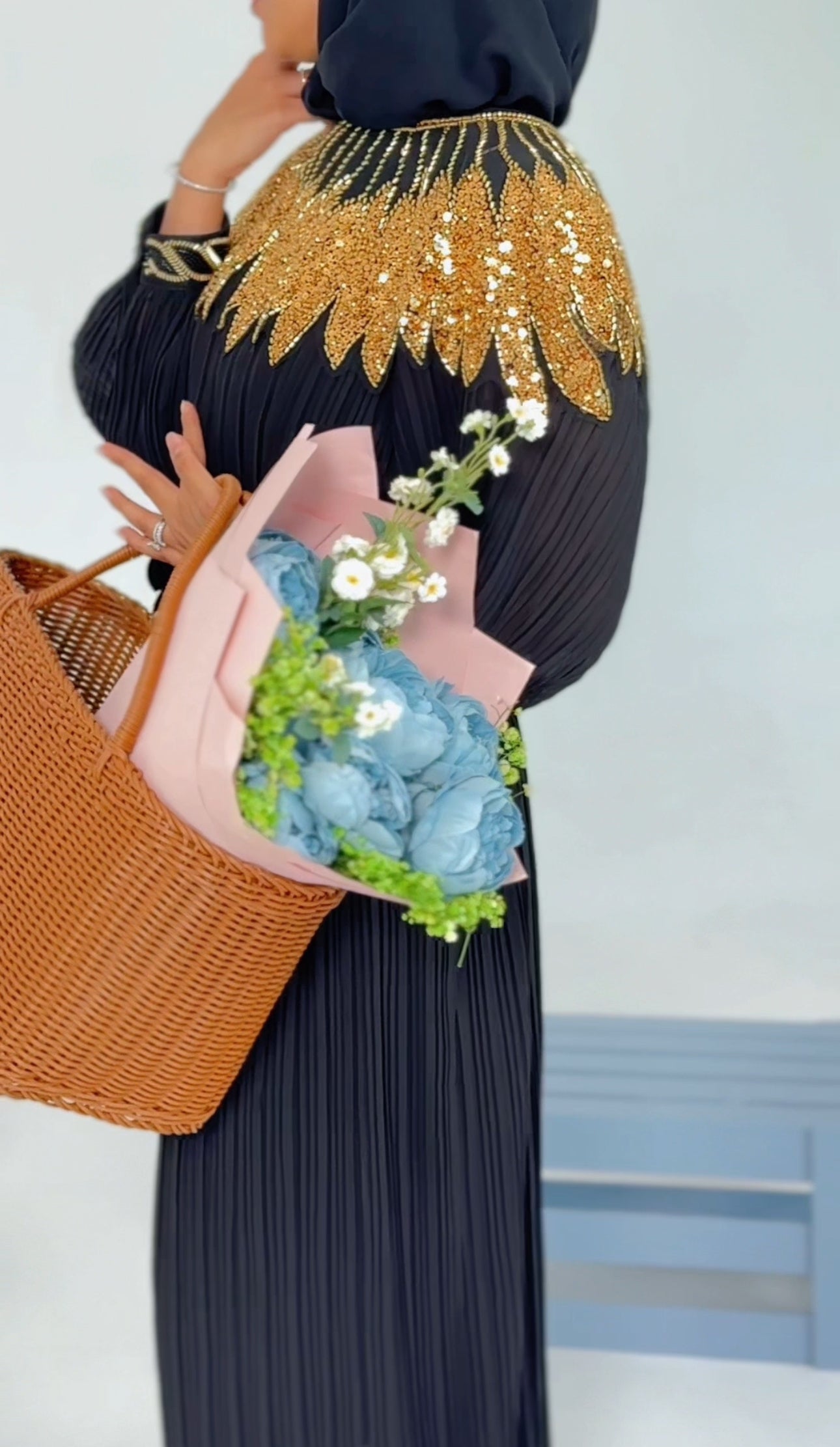 Black pleated dress with gold beads
