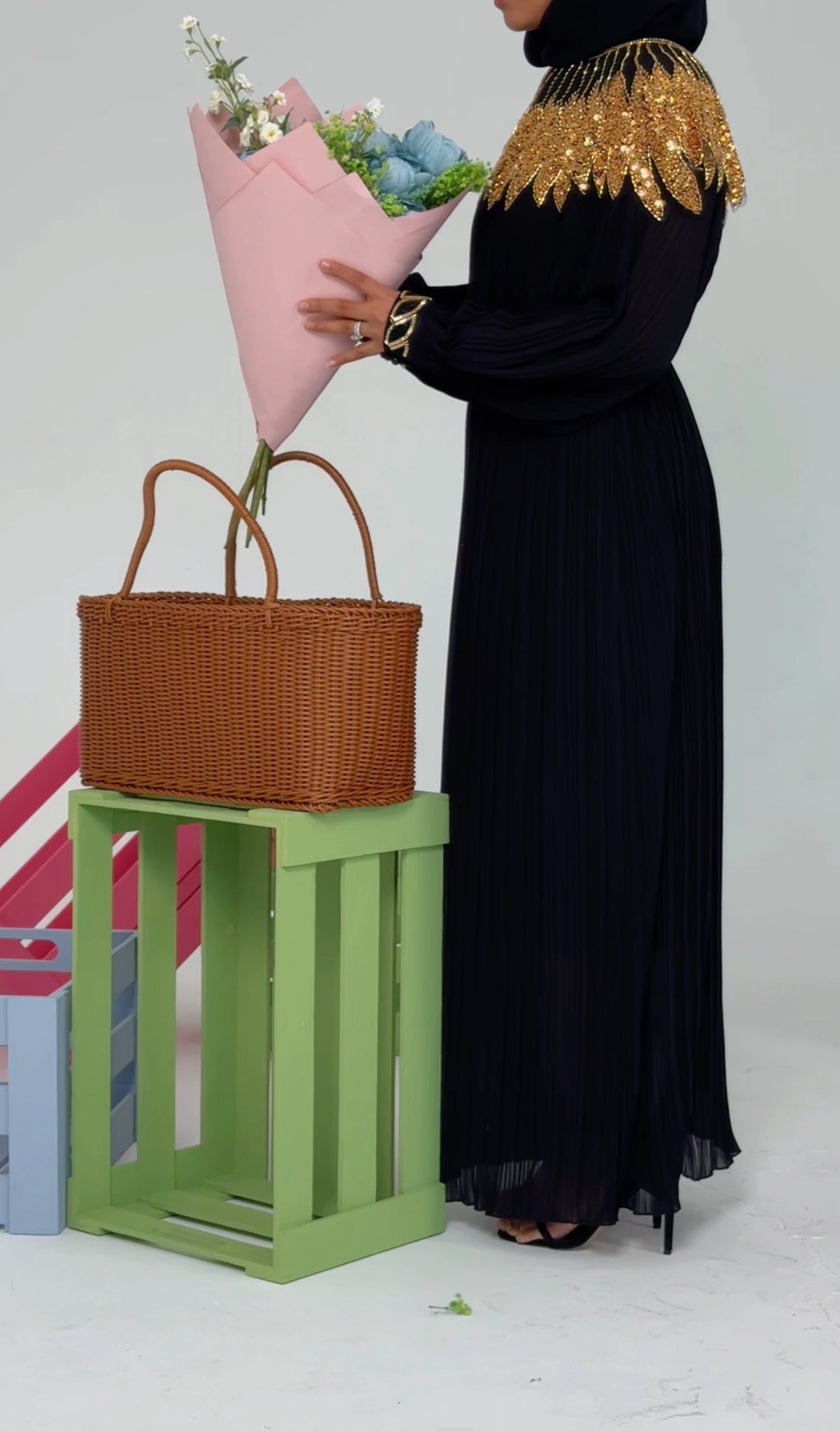 Black pleated dress with gold beads