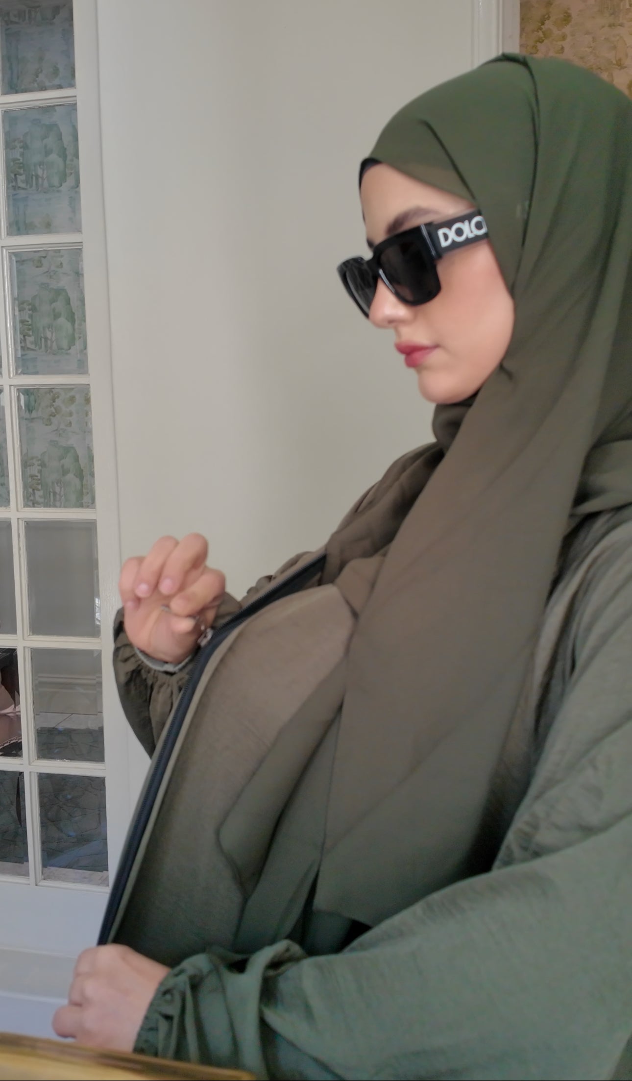 Army green flow abayah with attached hijab