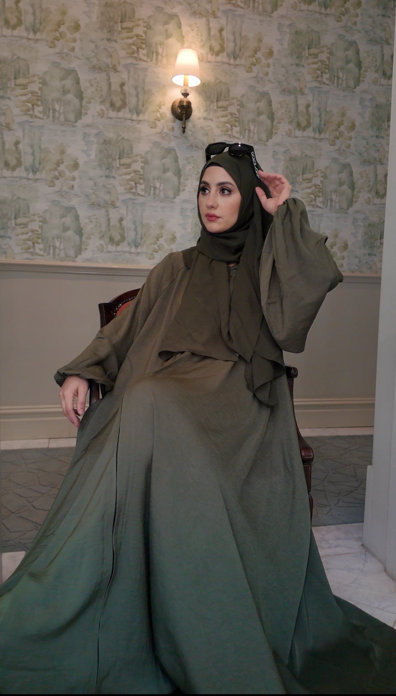 Army green flow abayah with attached hijab