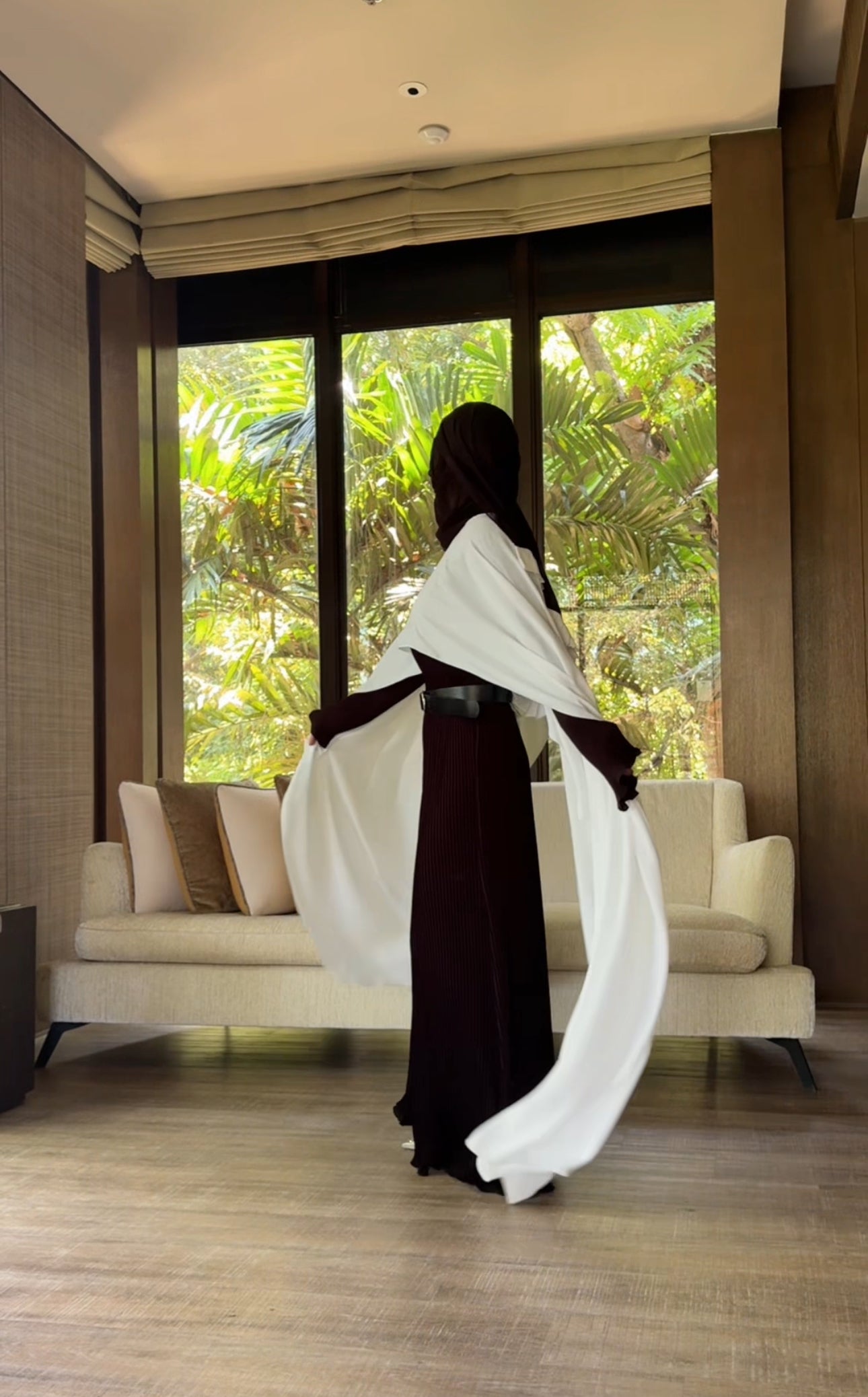 Black pleat Abayah with white shoulders