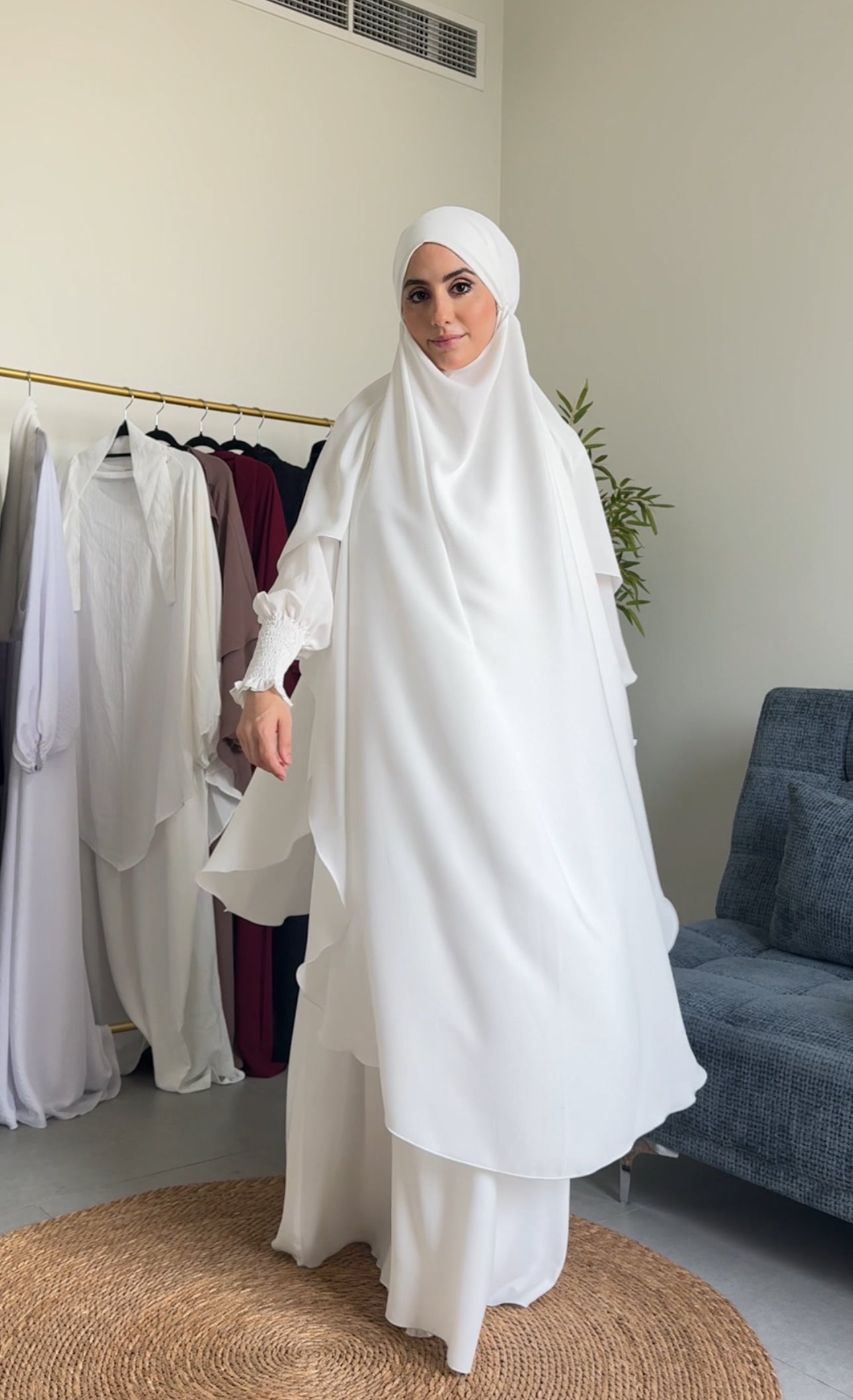 Two Piece White Khimar, with long scarf and long sleeve inner