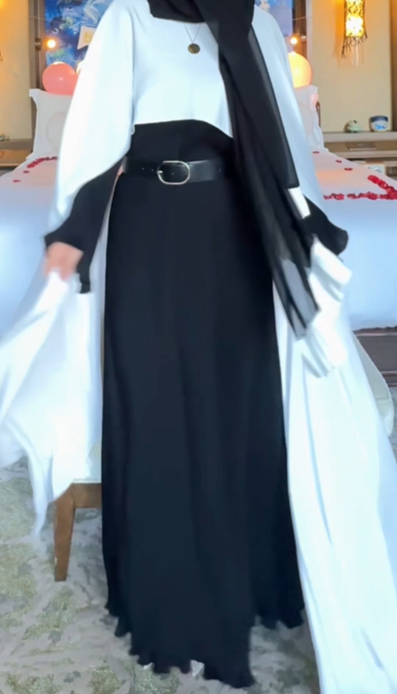Black pleat Abayah with white shoulders