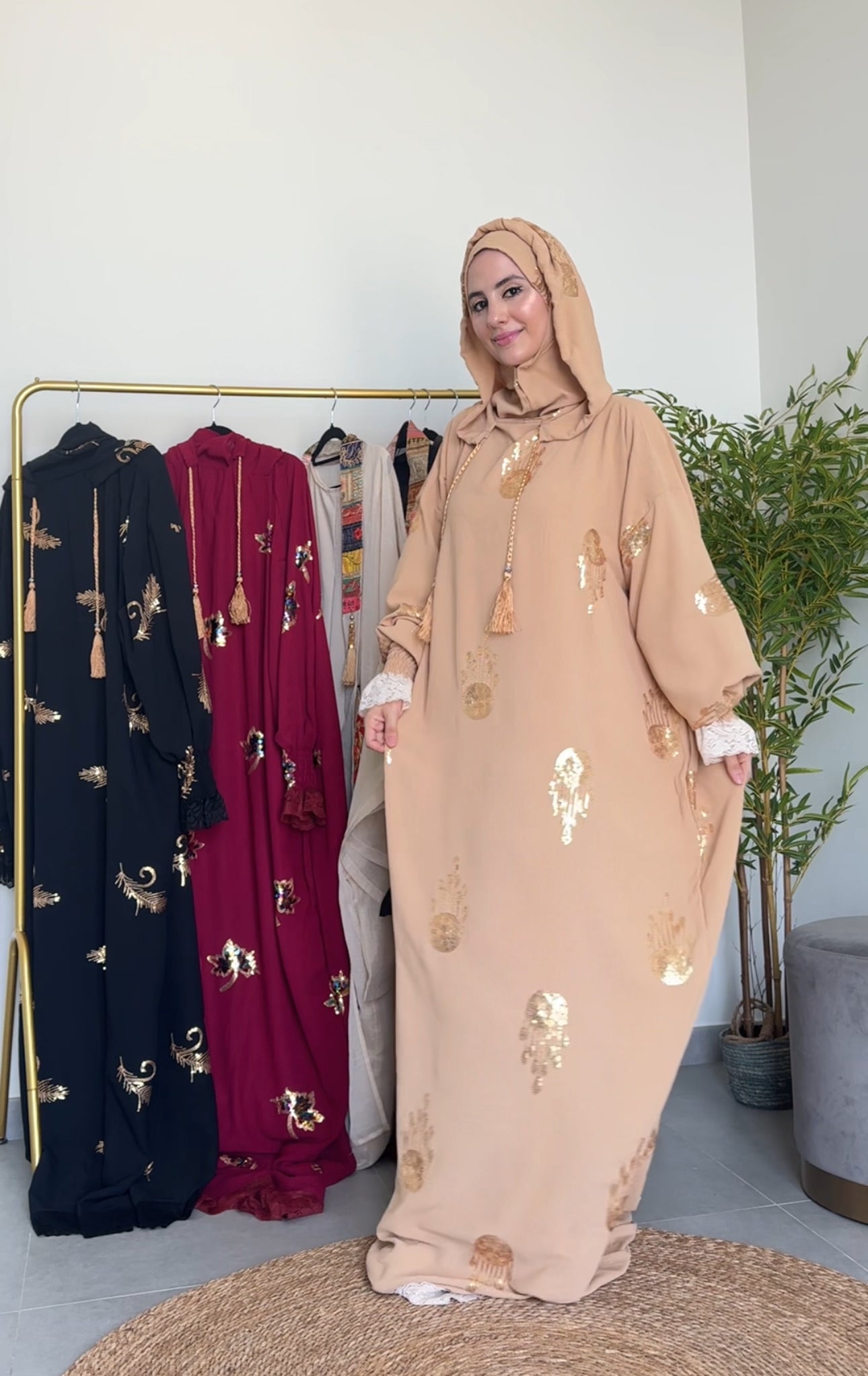 Beige Hoodie Burqa with embroidery and lace work