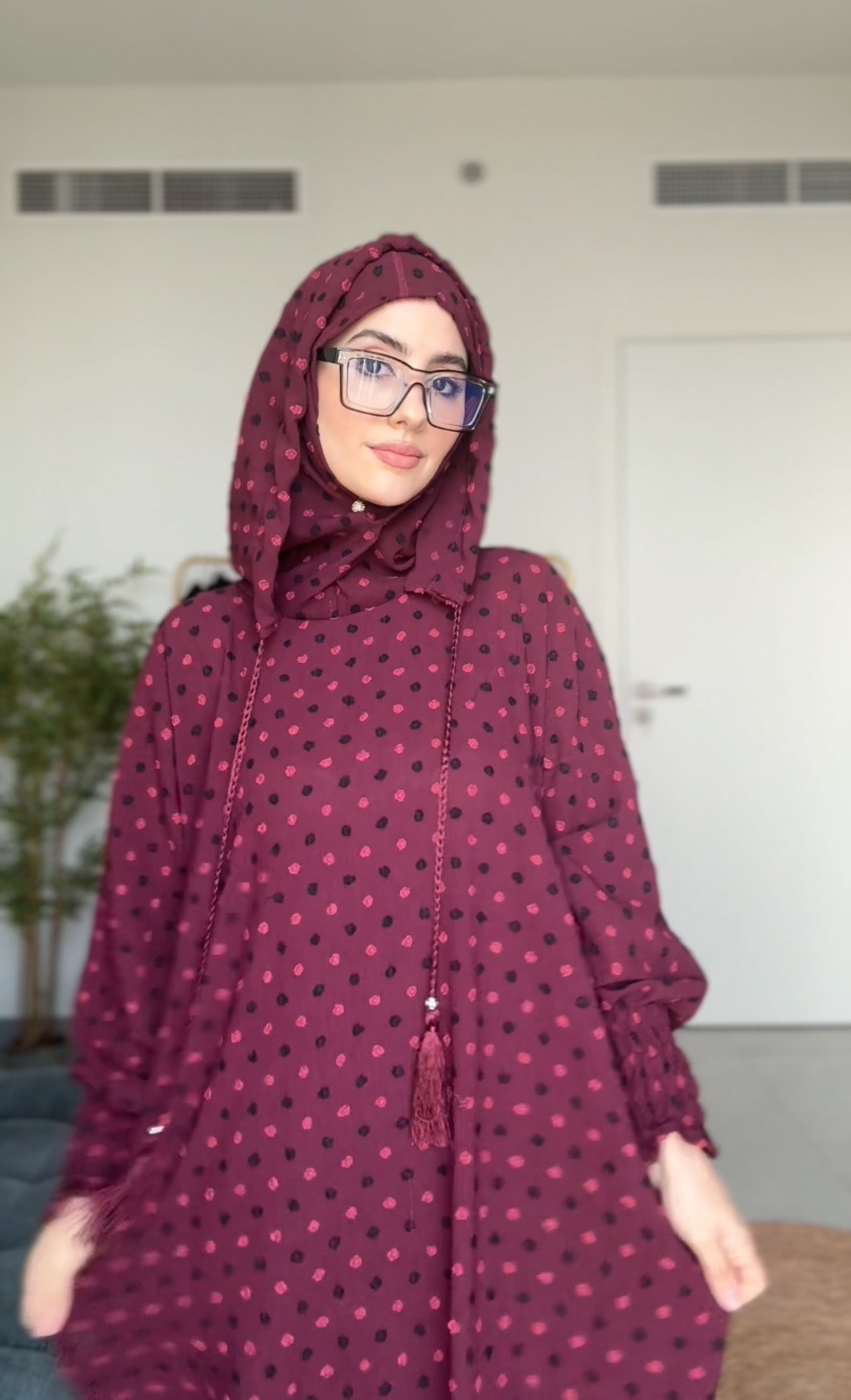 Maroon burqa with black dots