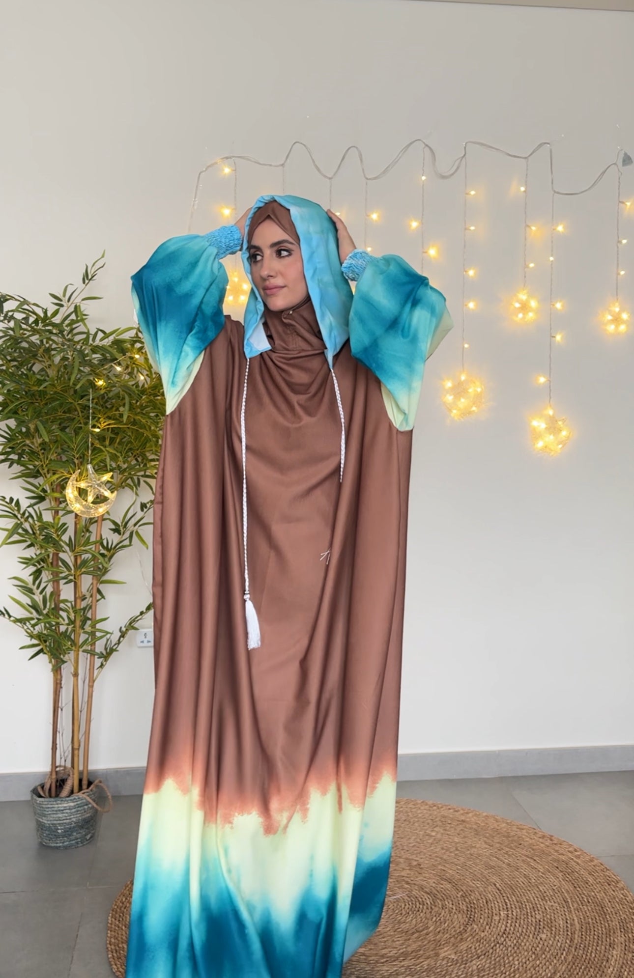 Brown, blue and yellow dye burqa