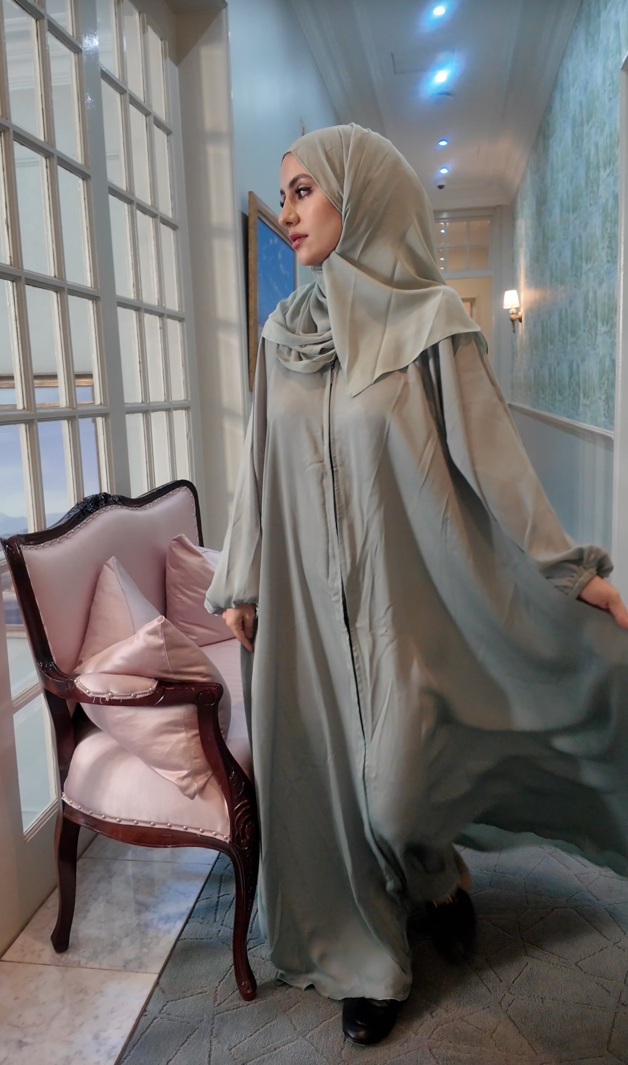Light Green flow Abayah with attached hijab