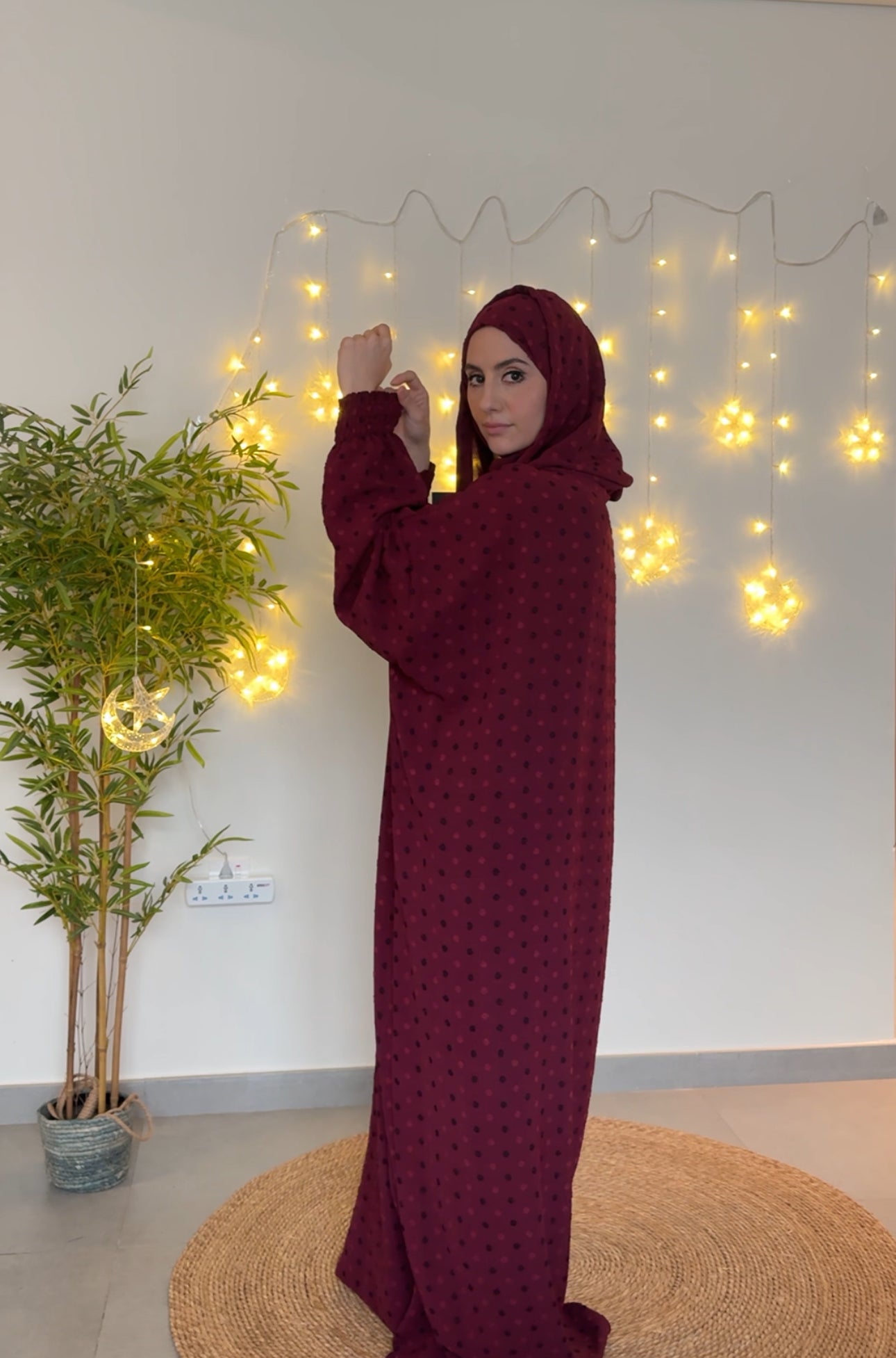 Maroon burqa with black dots