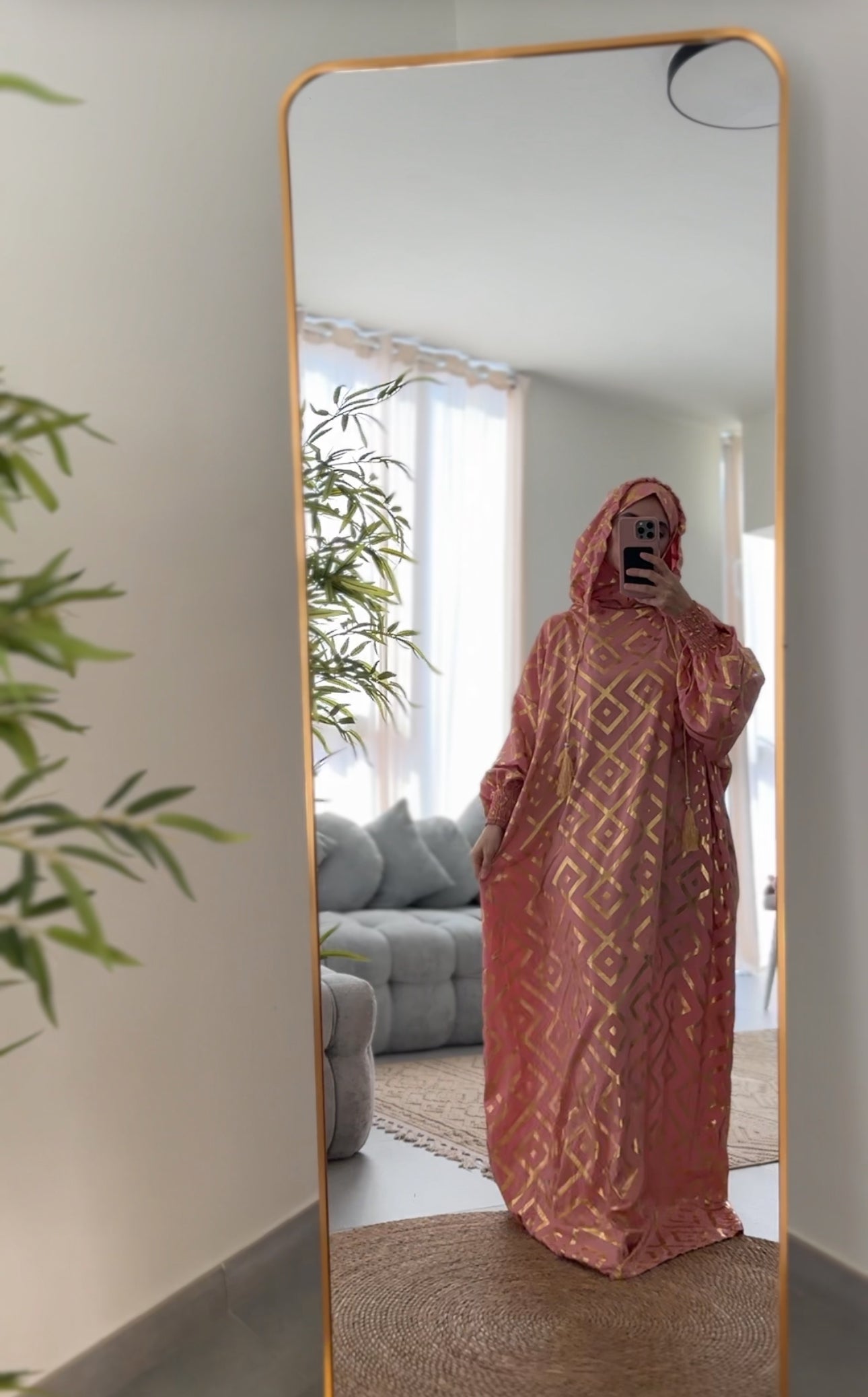 Light coral burqa with gold geometric lines