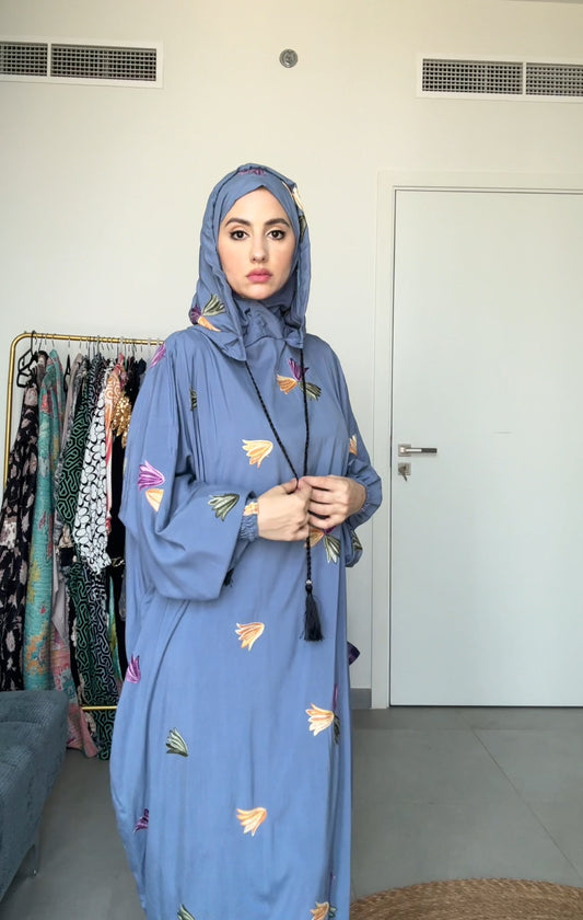 Light blue grey with colorful floral burqa