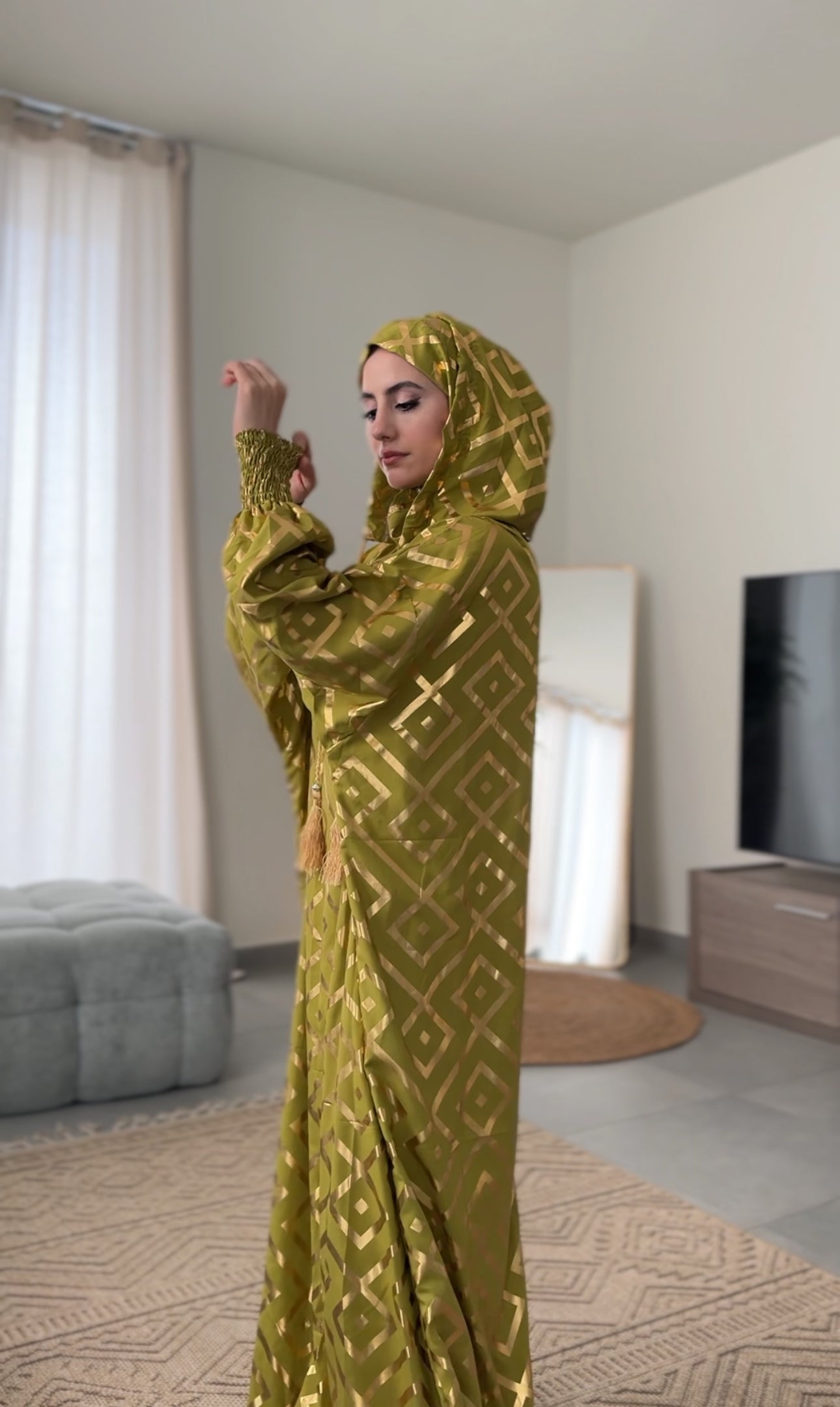 Olive green burqa with gold geometric lines