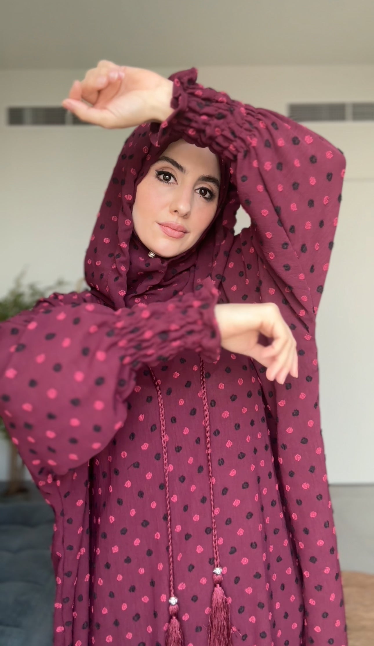 Maroon burqa with black dots