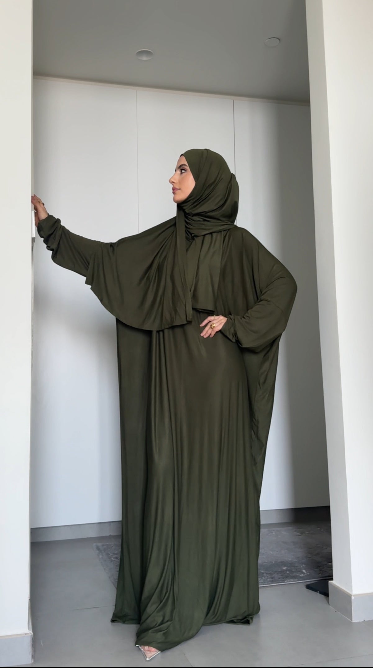 Army green stretch fabric burqa with zip and attached scarf