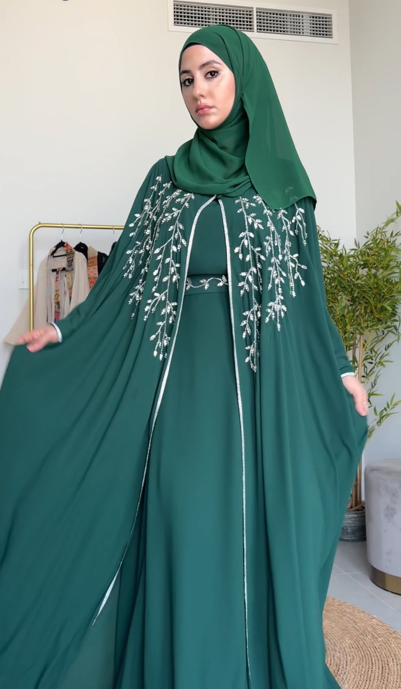 Emerald green abayah with silver beadwork with inner and belt