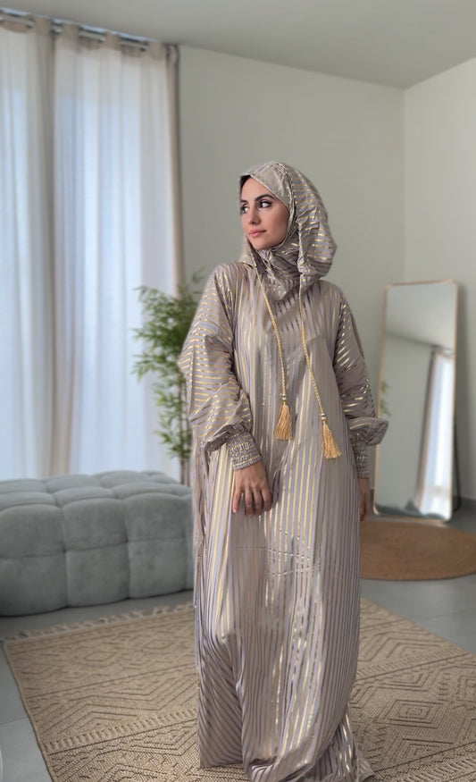 Light grey burqa with thick gold vertical lines