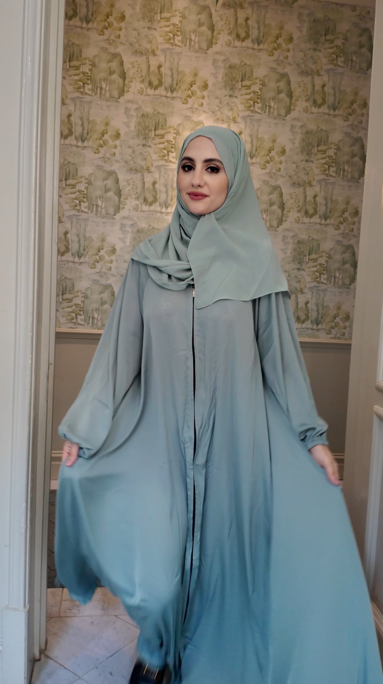 Light Green flow Abayah with attached hijab