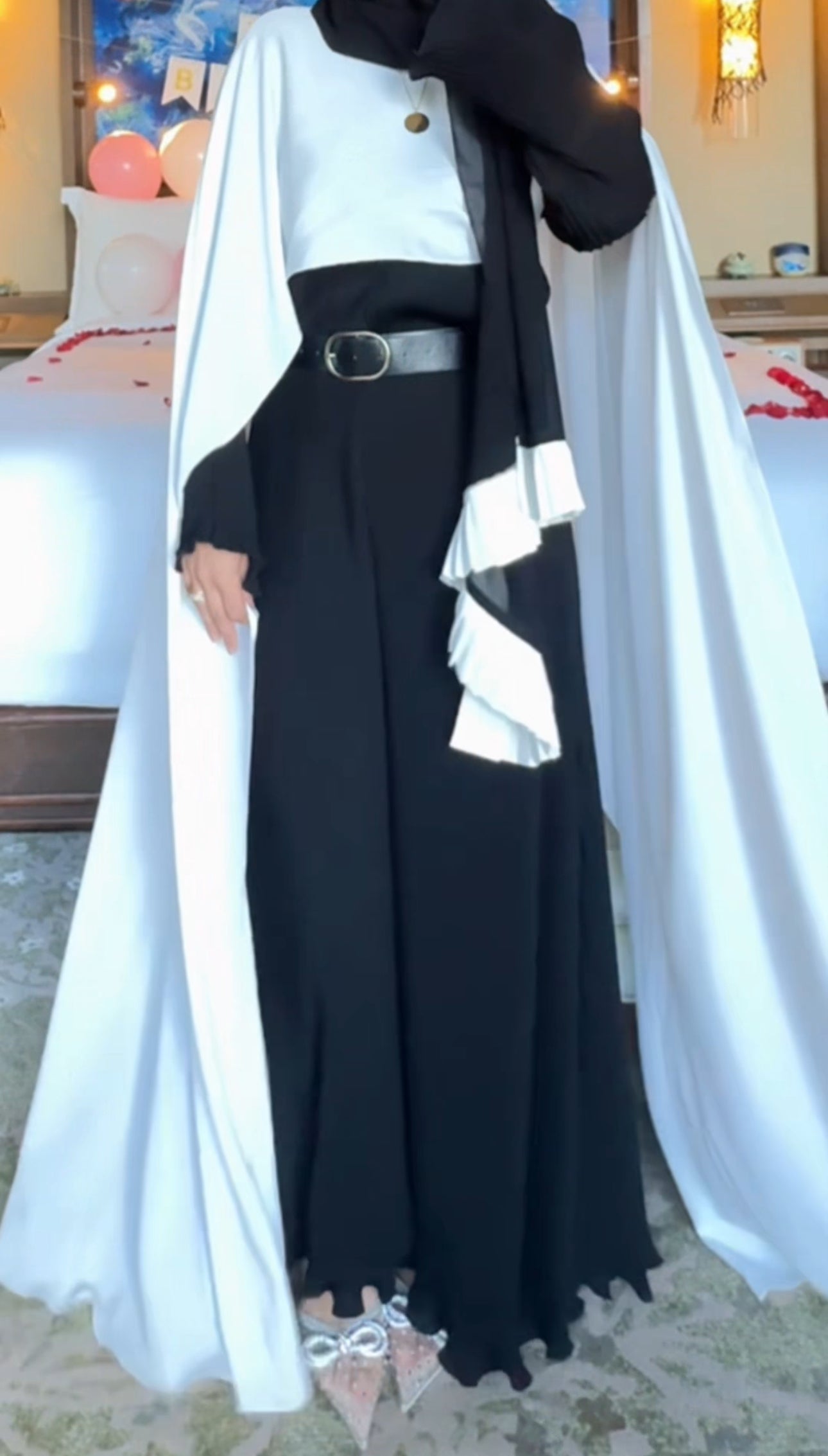 Black pleat Abayah with white shoulders