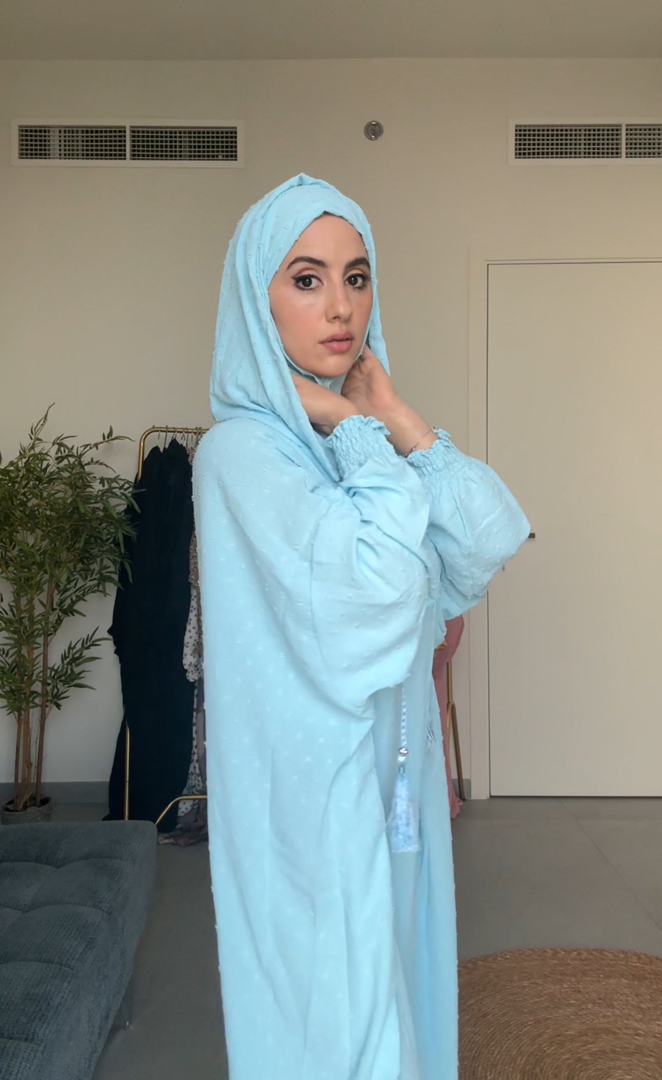 Light blue burqa with blue dots