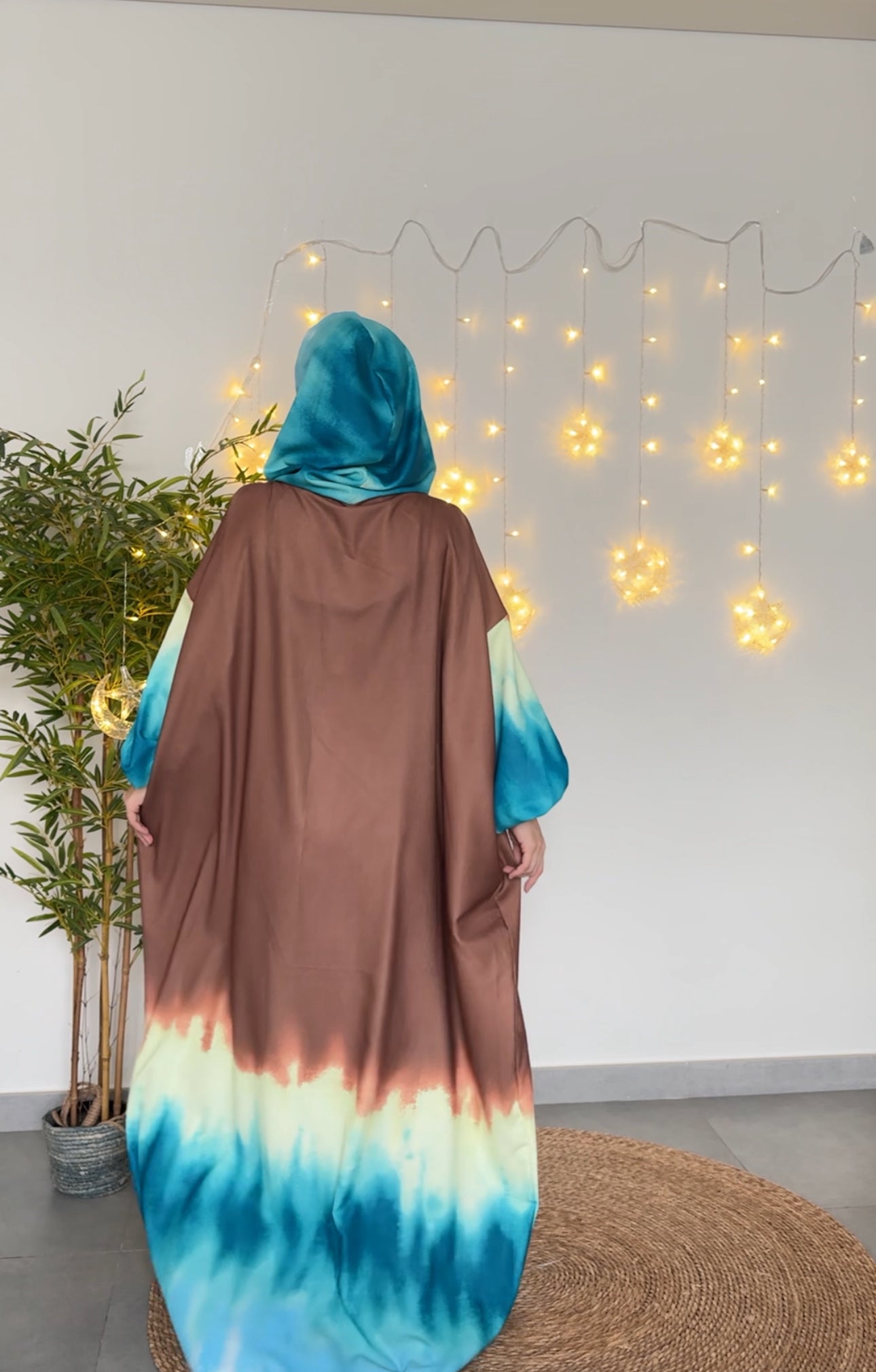 Brown, blue and yellow dye burqa