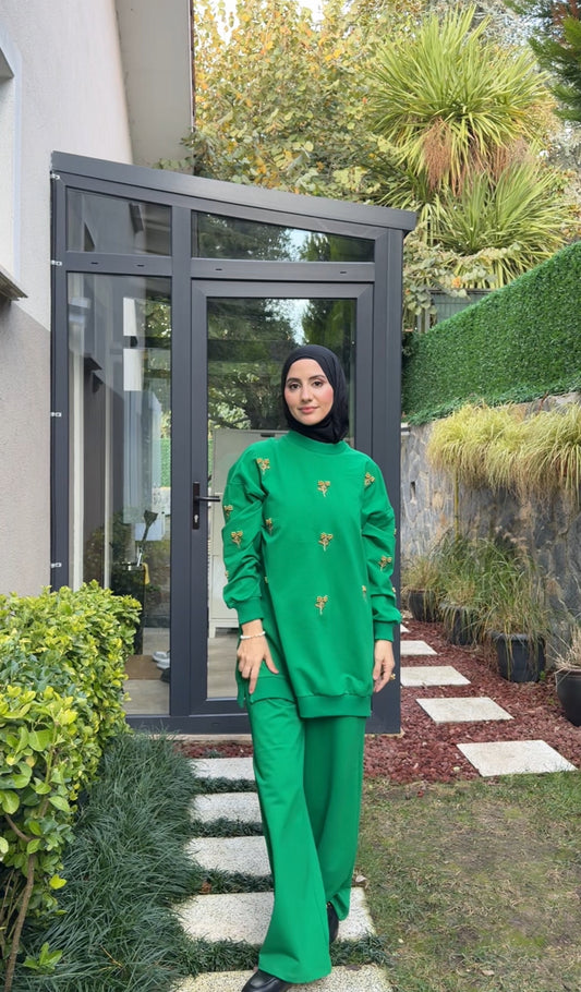 Dark Green tracksuit set with golden beadwork