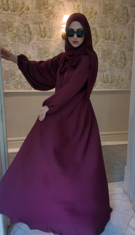 Maroon flow Abayah with attached hijab