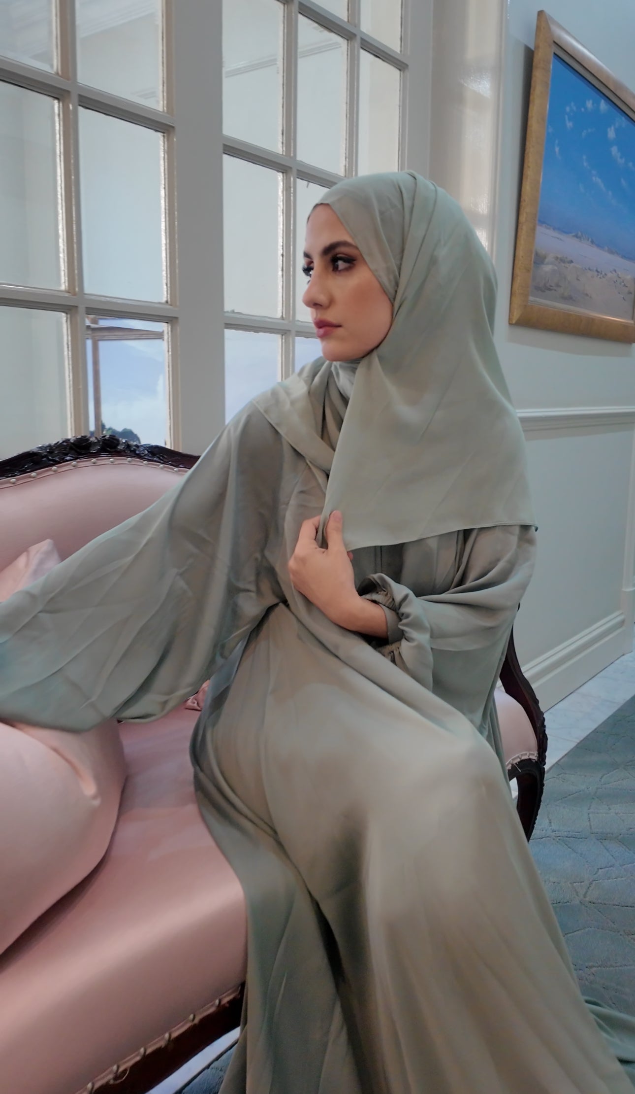 Light Green flow Abayah with attached hijab