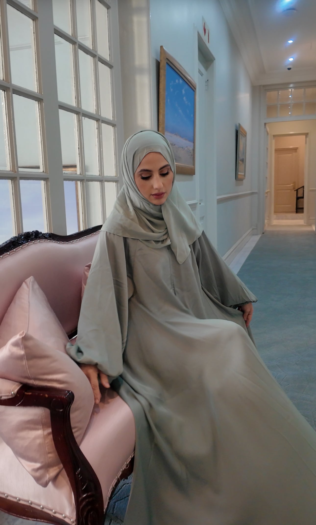 Light Green flow Abayah with attached hijab