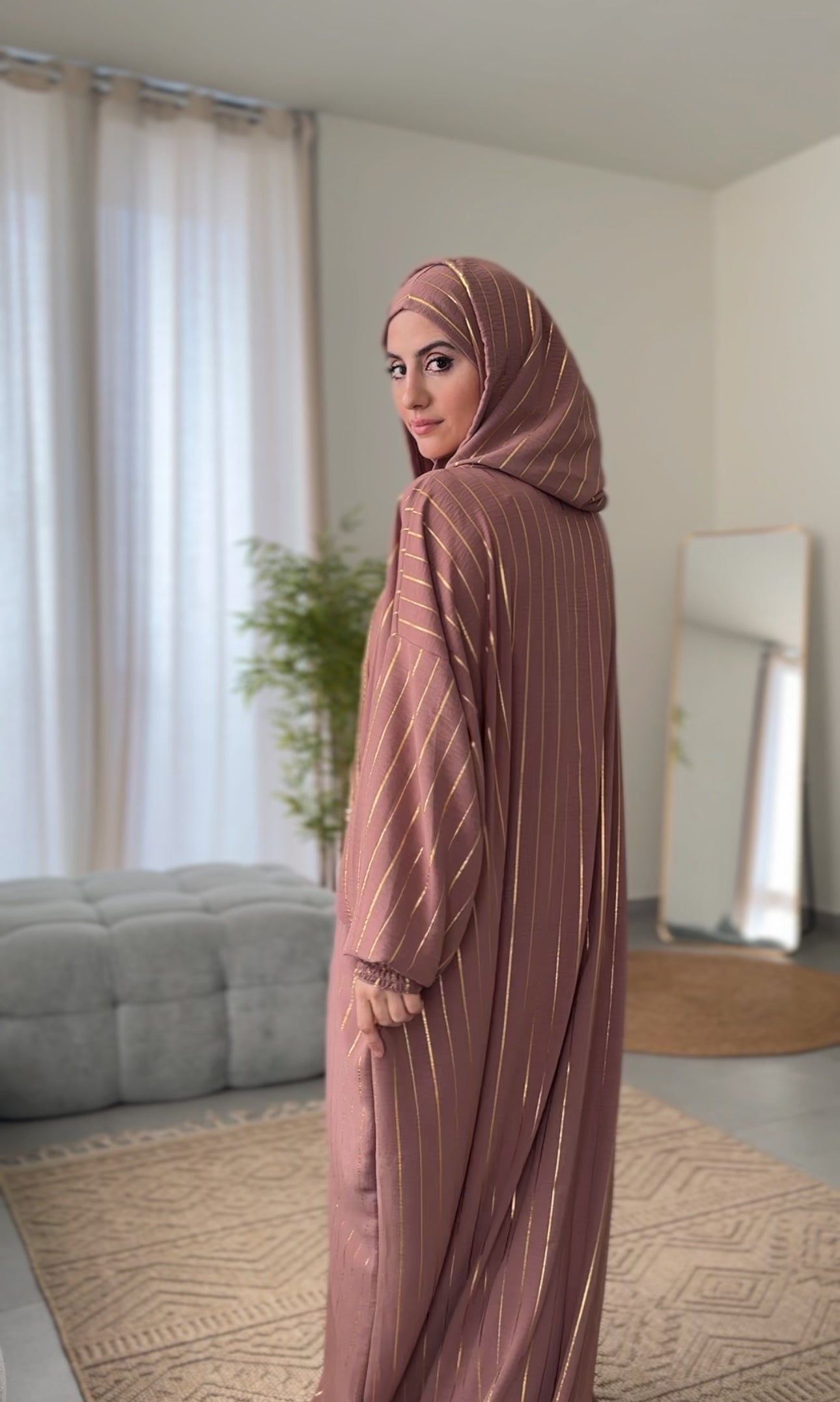 Pinkish Brown burqa with thin gold vertical lines