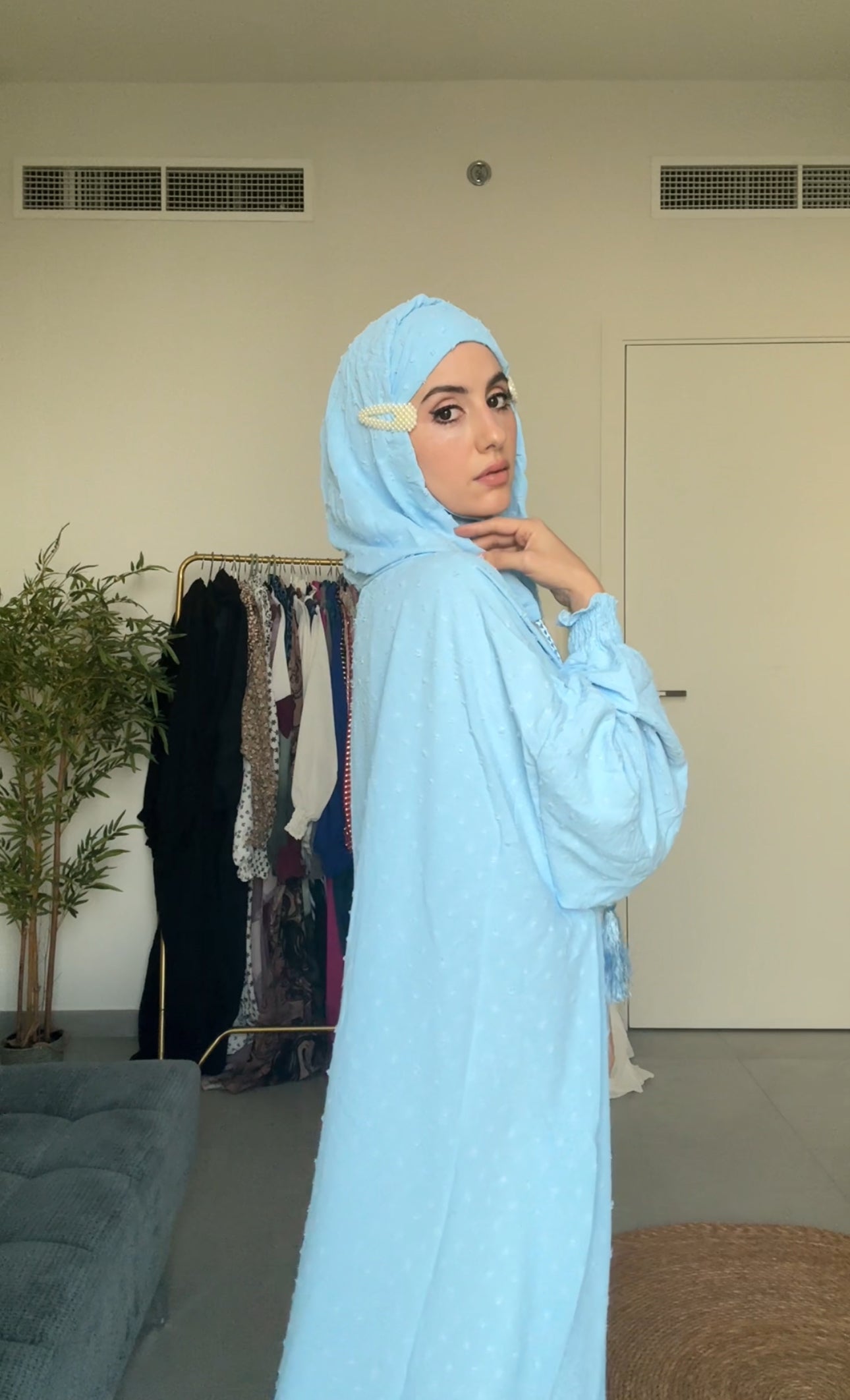 Baby blue burqa with blue dots