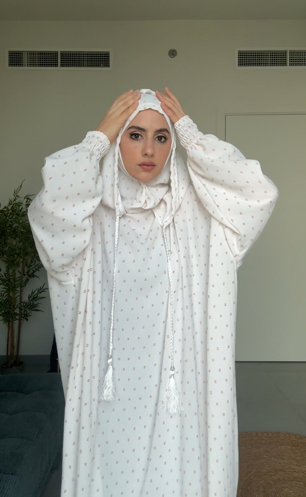 White burqa with beige dots